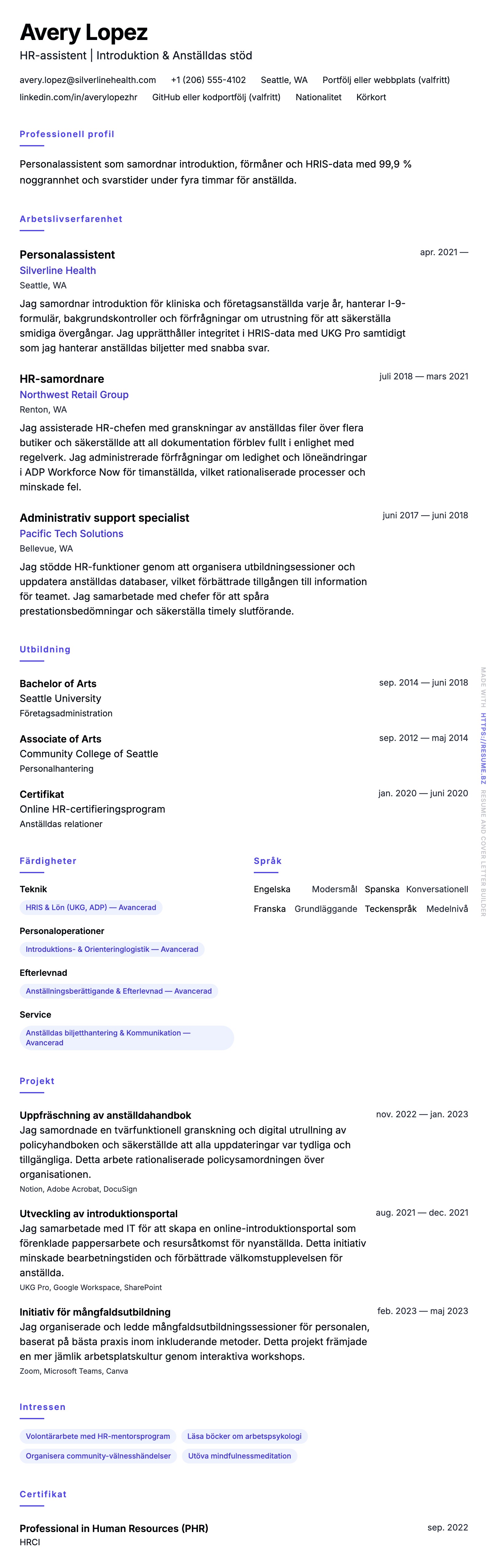 CV-förhandsgranskning för Exempel på CV för Personalassistent
