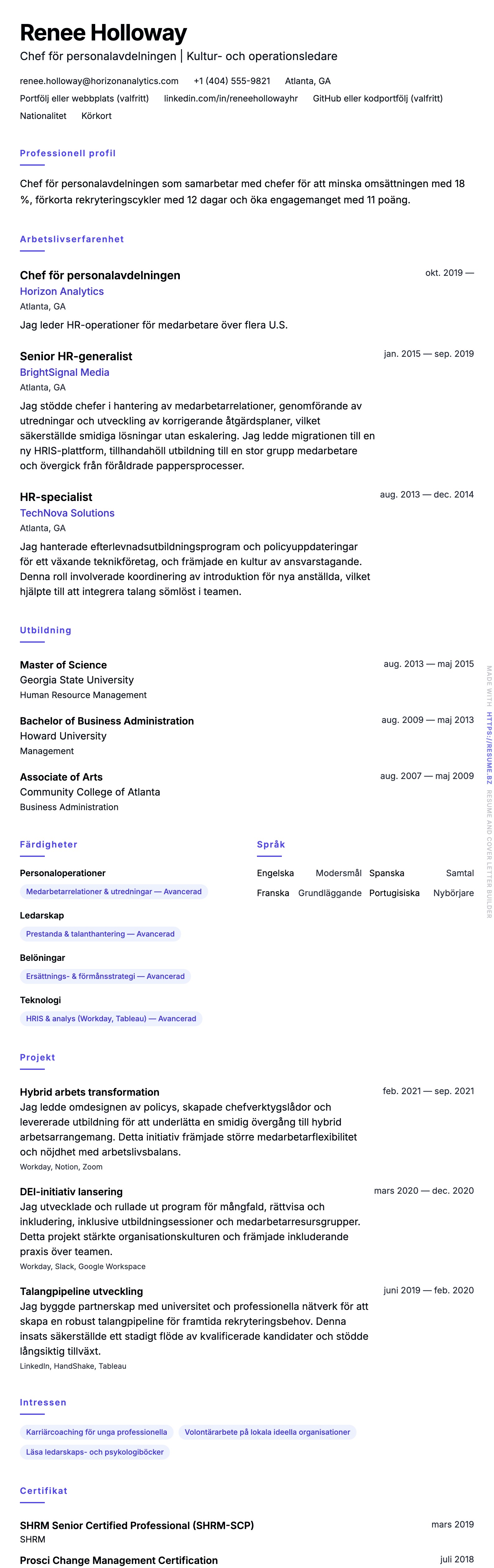 CV-förhandsgranskning för Exempel på CV för chef för personalavdelningen