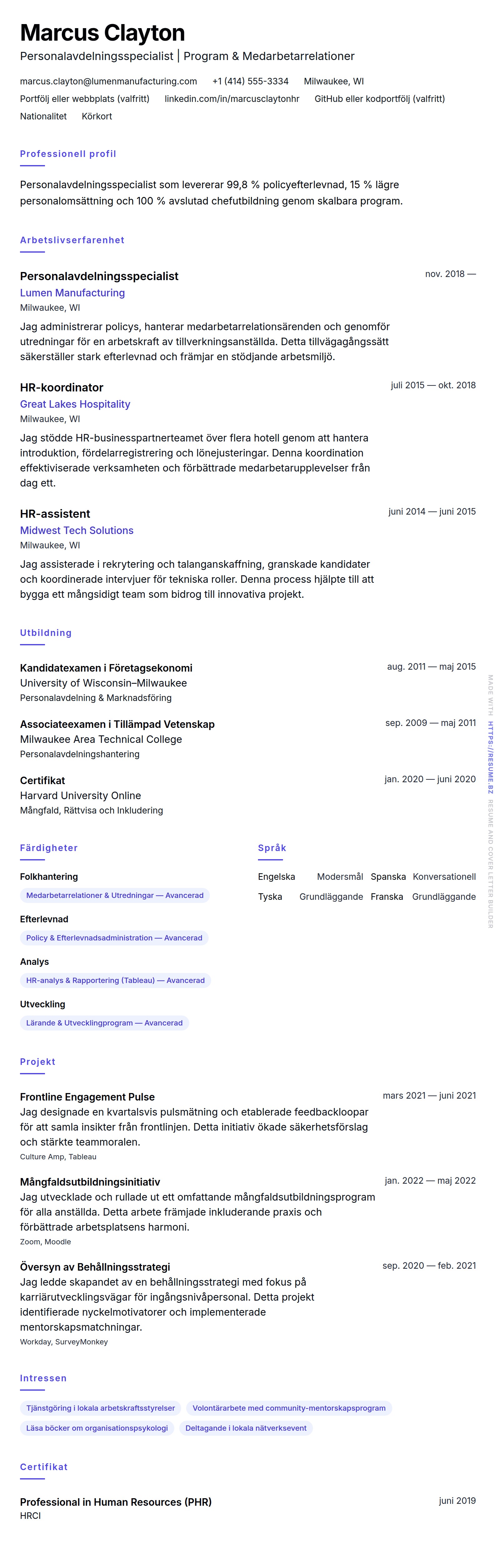 CV-förhandsgranskning för Exempel på CV för Personalavdelningsspecialist