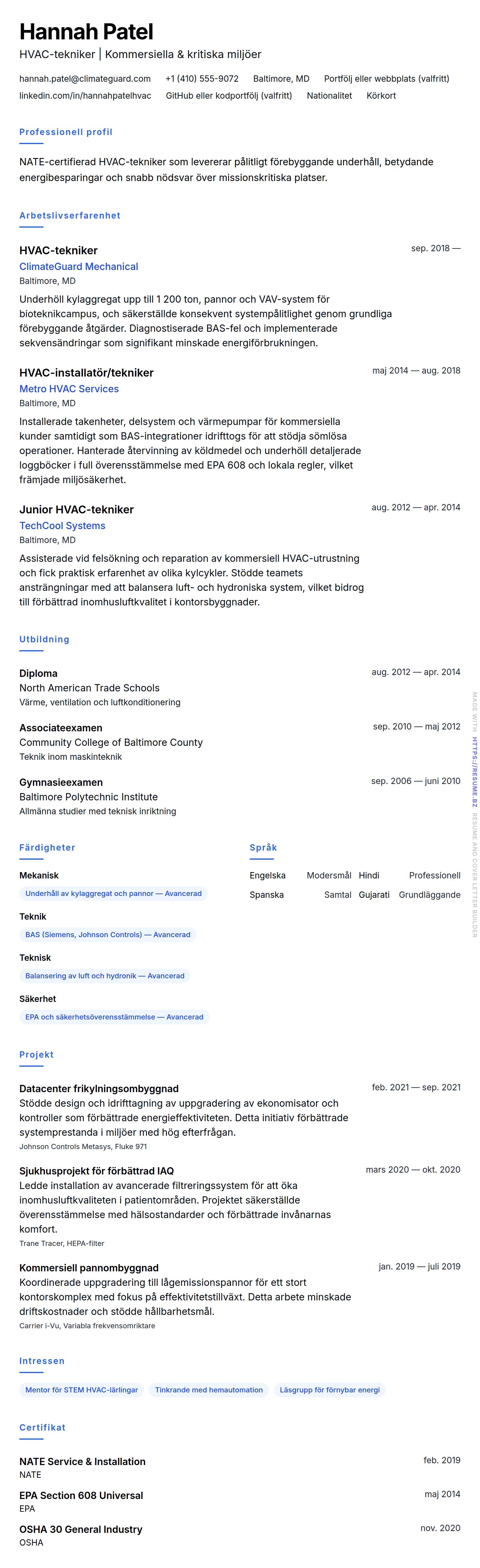 CV-förhandsgranskning för Exempel på CV för HVAC-tekniker