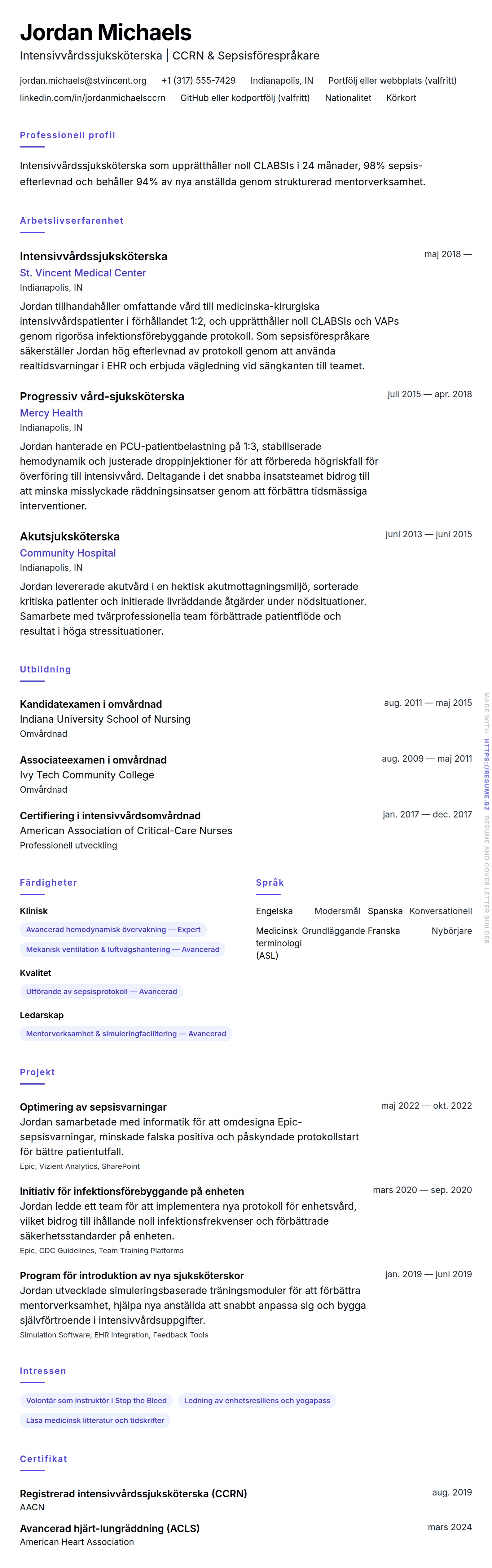 CV-förhandsgranskning för Exempel på CV för intensivvårdssjuksköterska