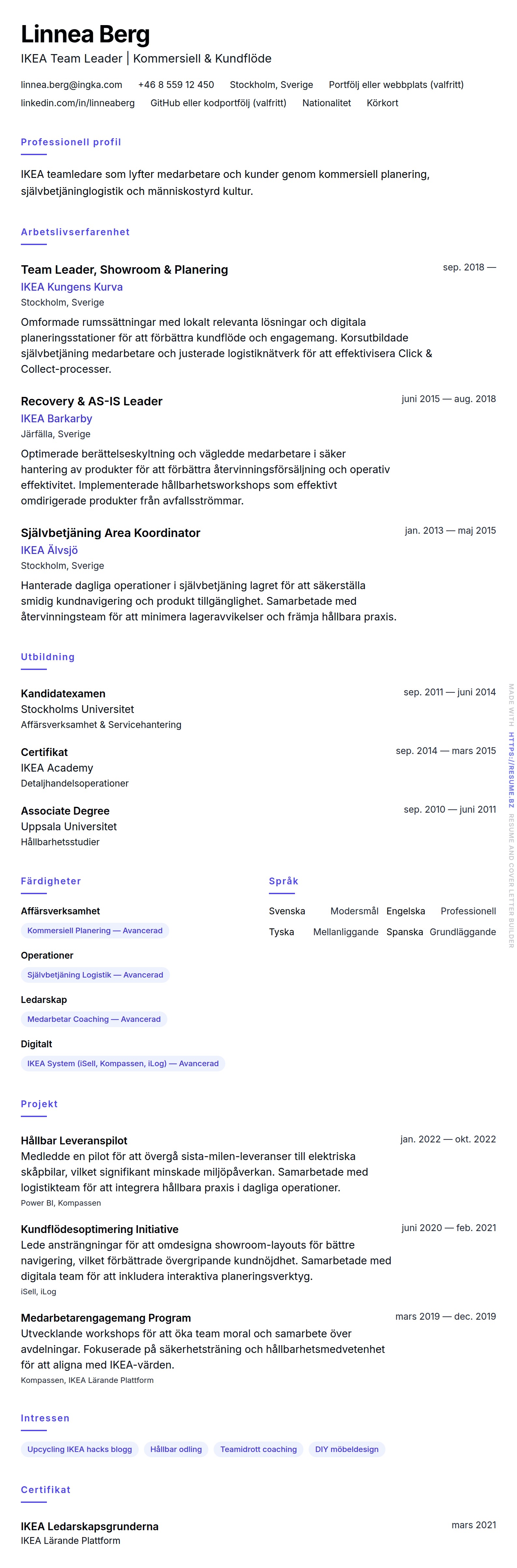 CV-förhandsgranskning för IKEA Team Leader CV-exempel