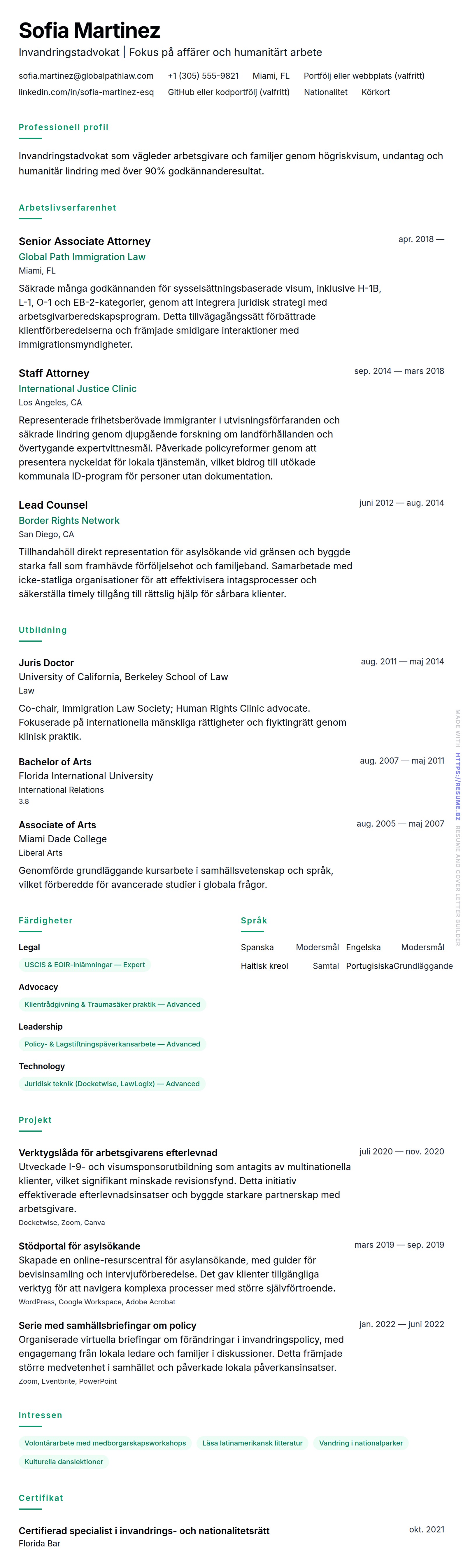 CV-förhandsgranskning för Exempel på CV för invandringstadvokat