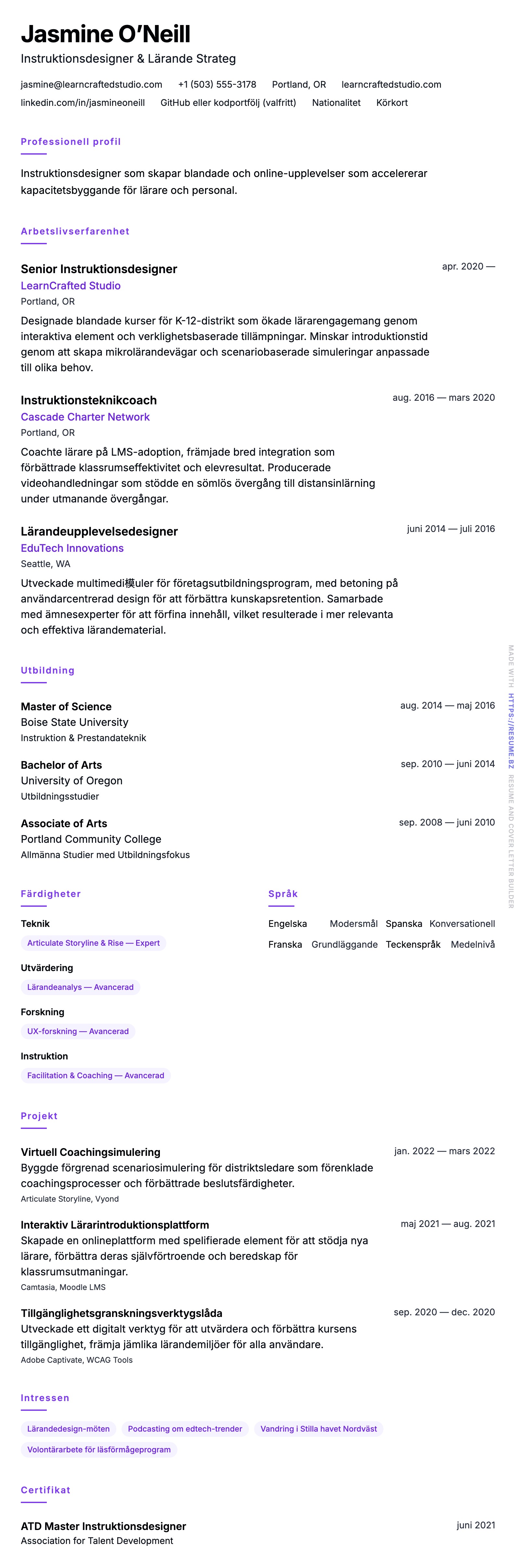 CV-förhandsgranskning för Instruktionsdesigner CV-exempel