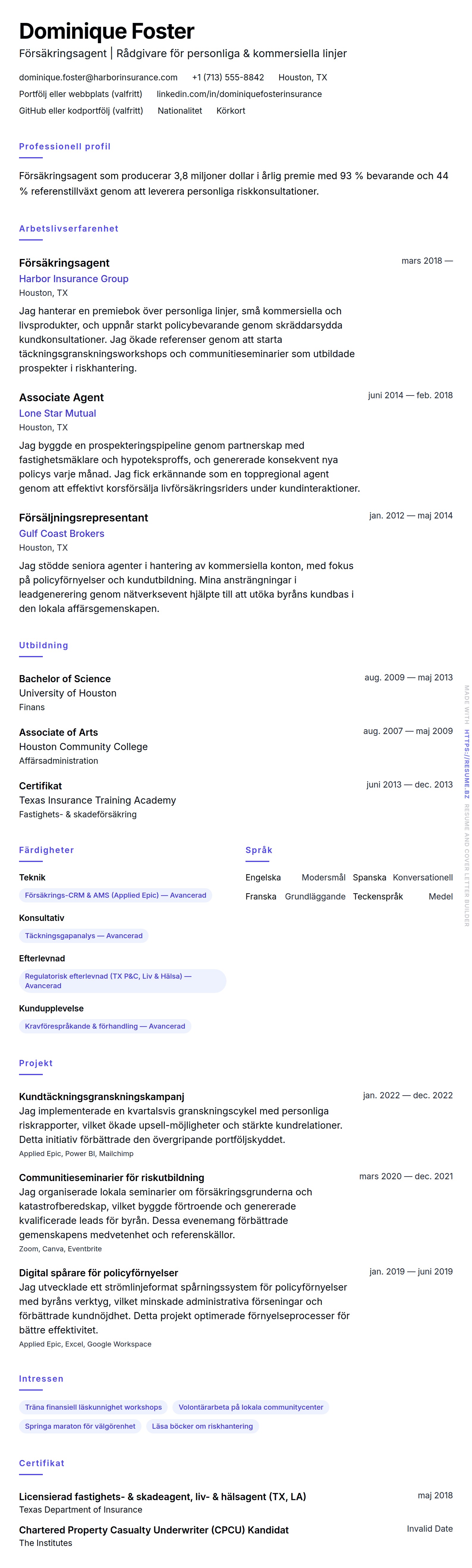 CV-förhandsgranskning för Försäkringsagent CV-exempel