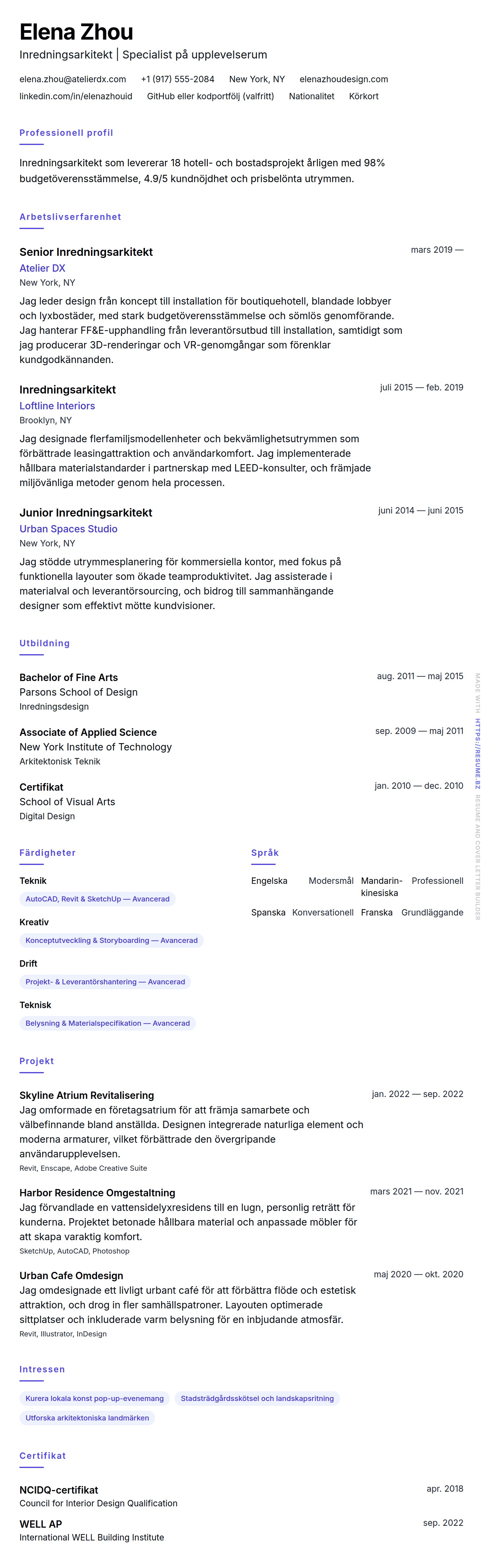 CV-förhandsgranskning för Inredningsarkitekt CV-exempel