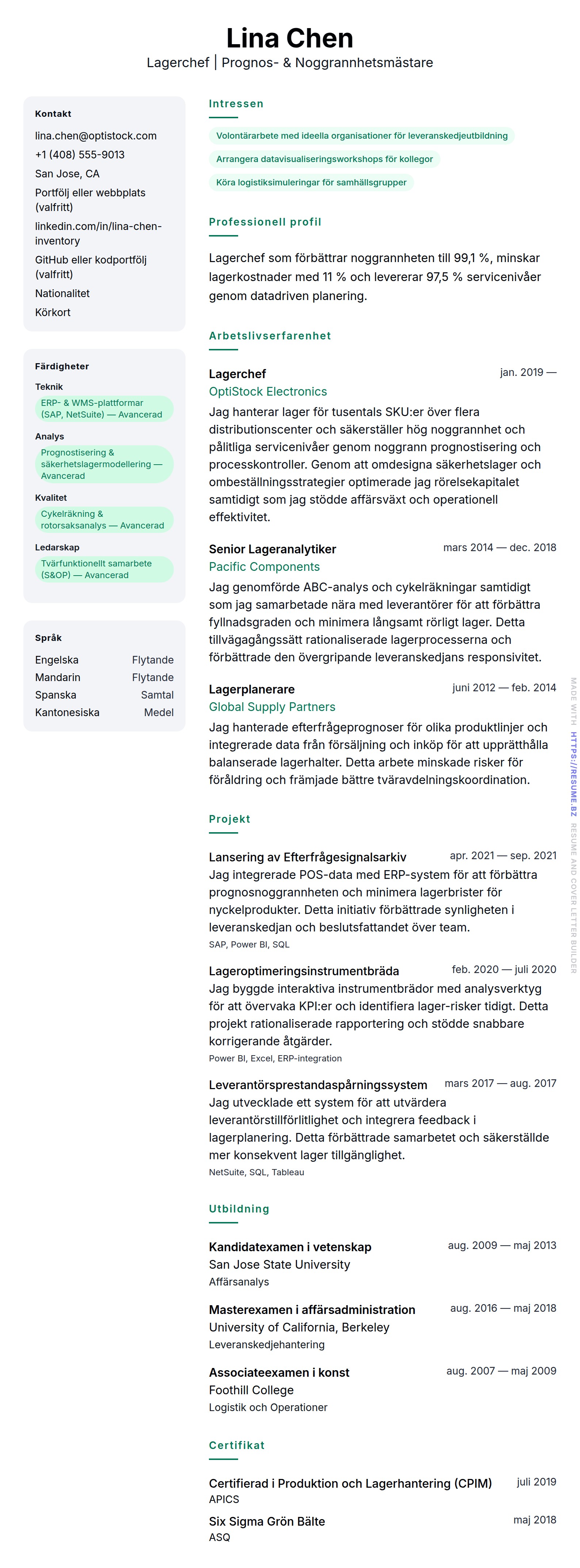 CV-förhandsgranskning för Lagerchef CV-exempel
