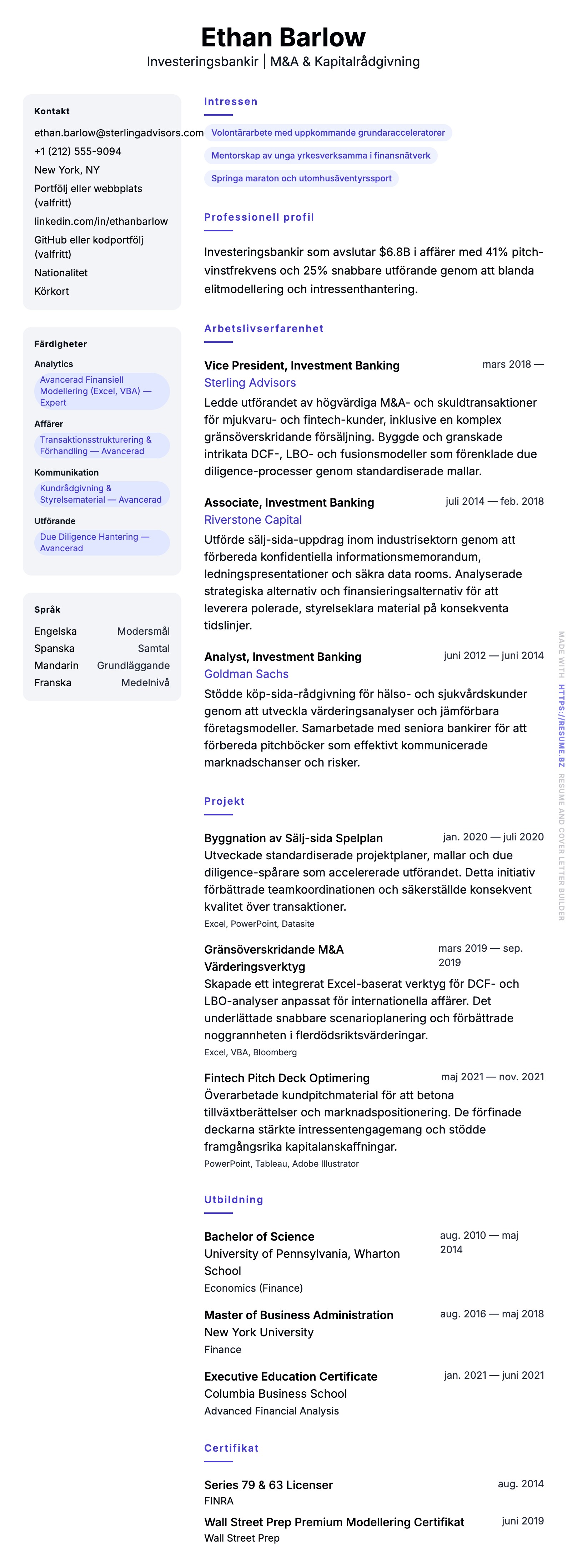 CV-förhandsgranskning för Investeringsbankir CV-exempel