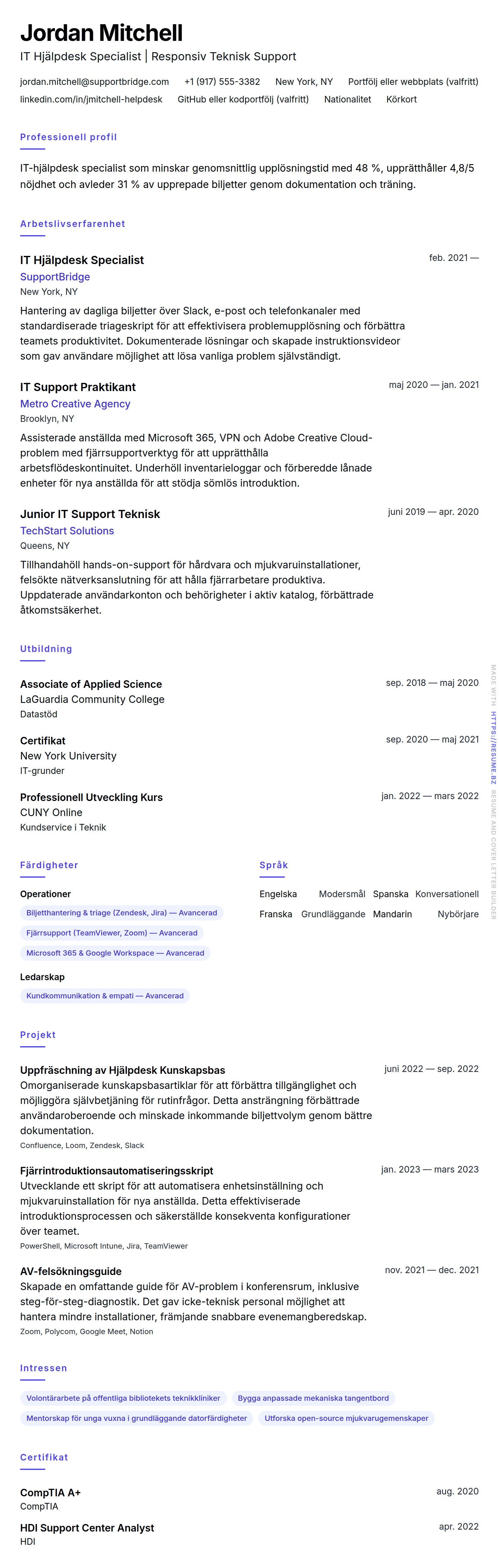 IT Hjälpdesk CV-exempel
