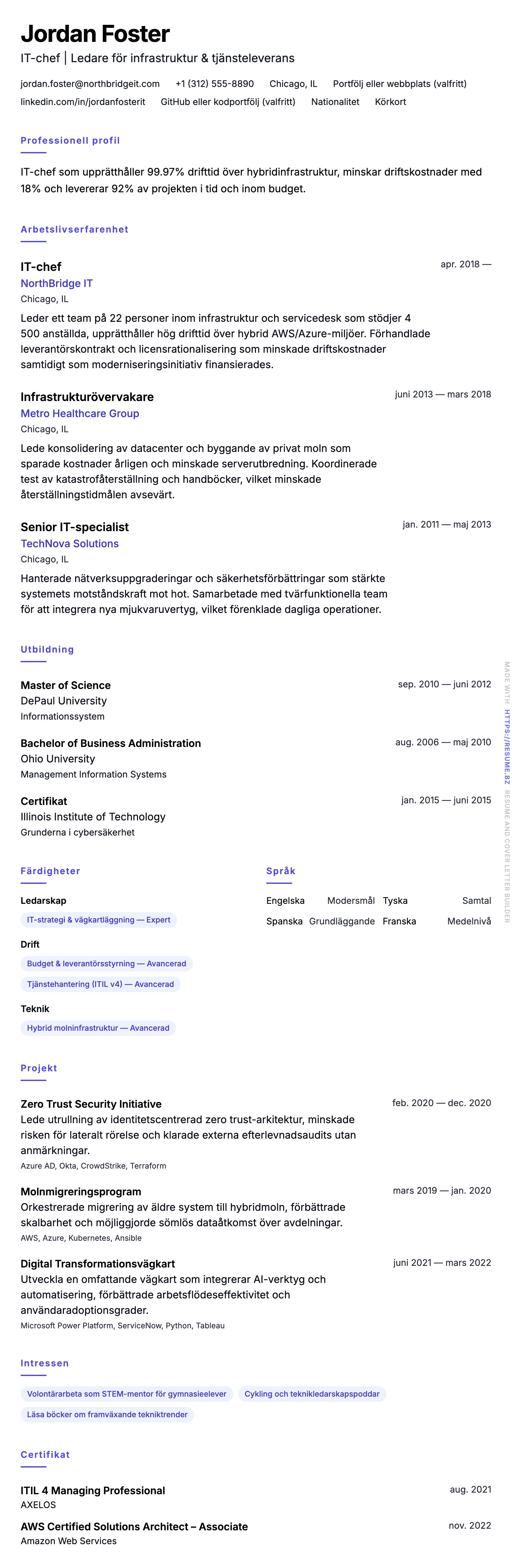 CV-förhandsgranskning för Exempel på CV för IT-chef