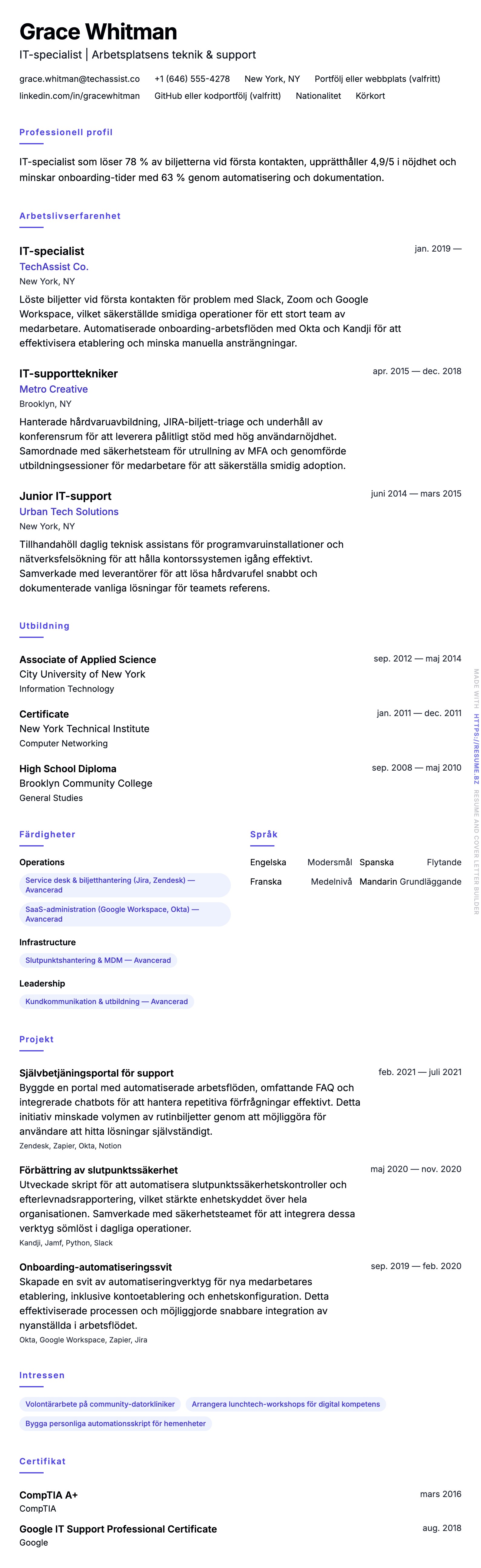 CV-förhandsgranskning för Exempel på CV för IT-specialist