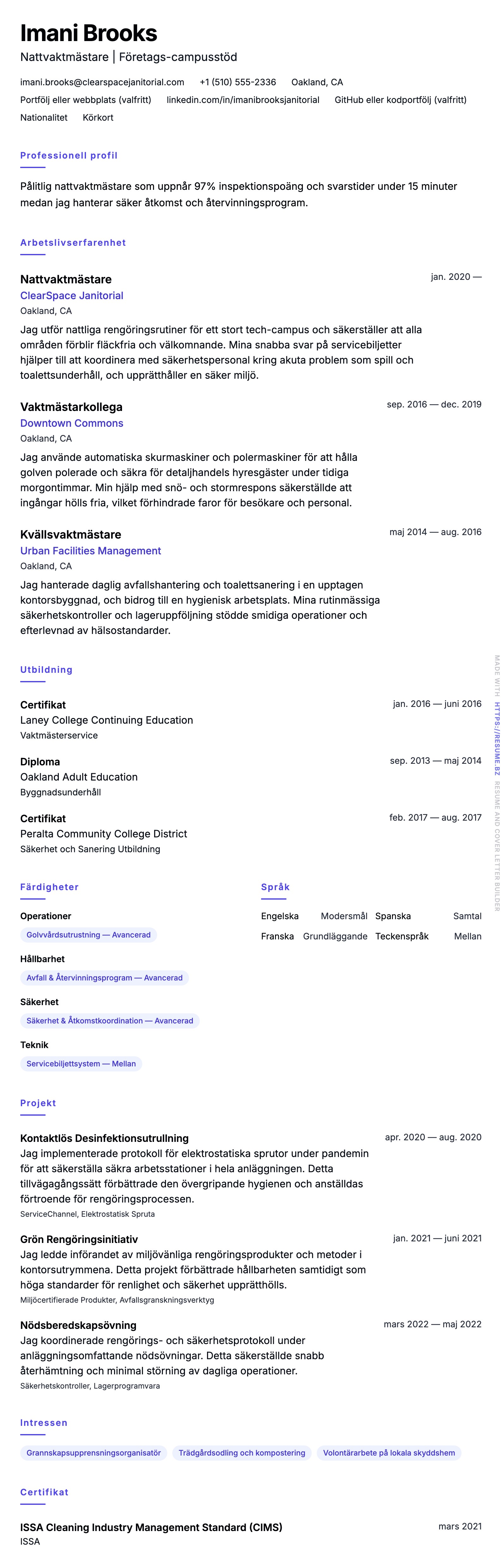 CV-förhandsgranskning för Vaktmästar-CV-Exempel