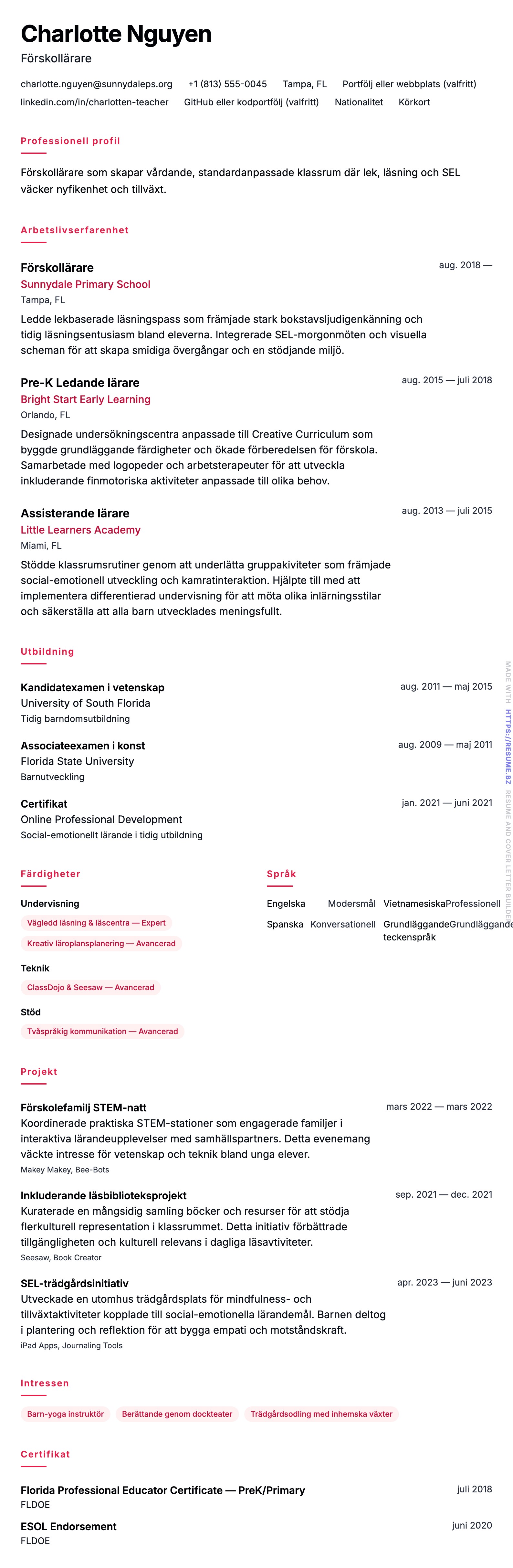 CV-förhandsgranskning för Förskollärare CV-exempel
