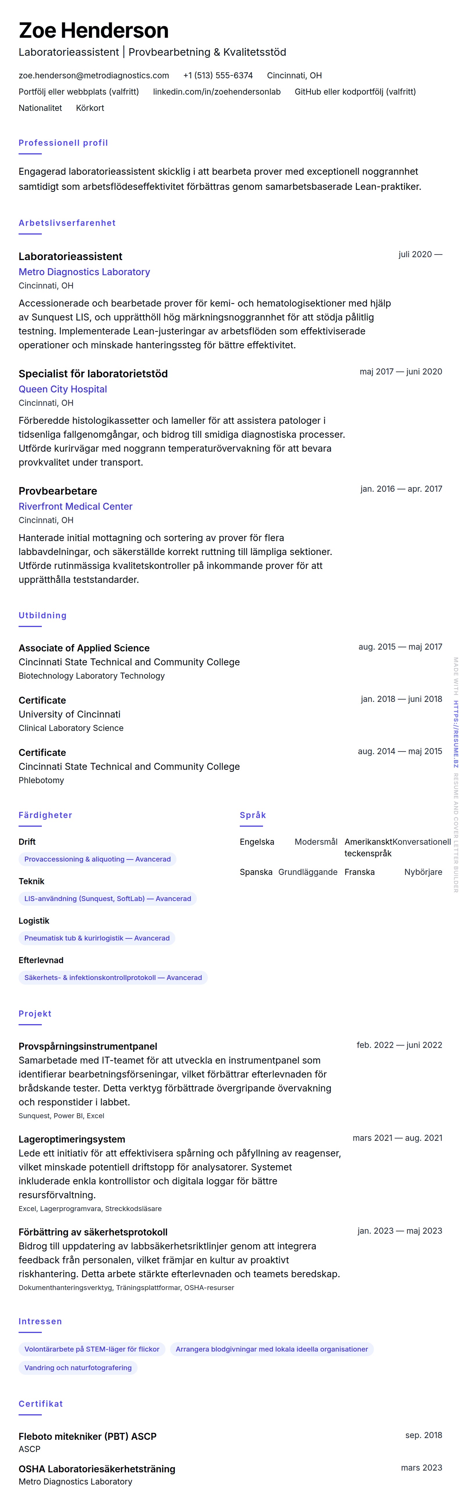 CV-förhandsgranskning för Exempel på CV för laboratorieassistent