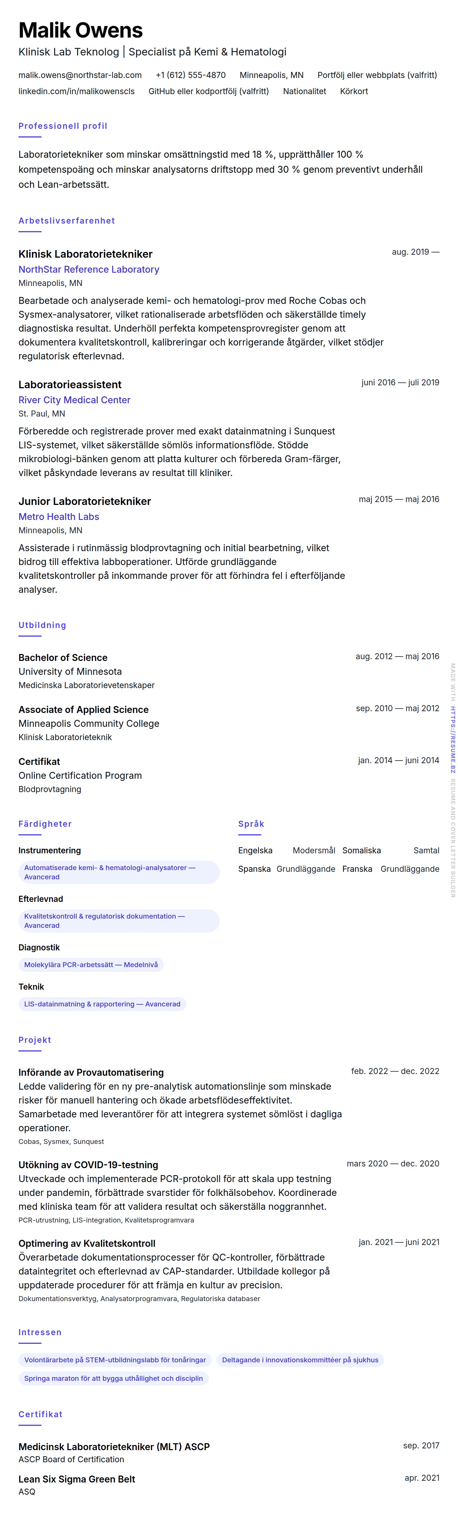 CV-förhandsgranskning för Laboratorie tekniker CV-exempel