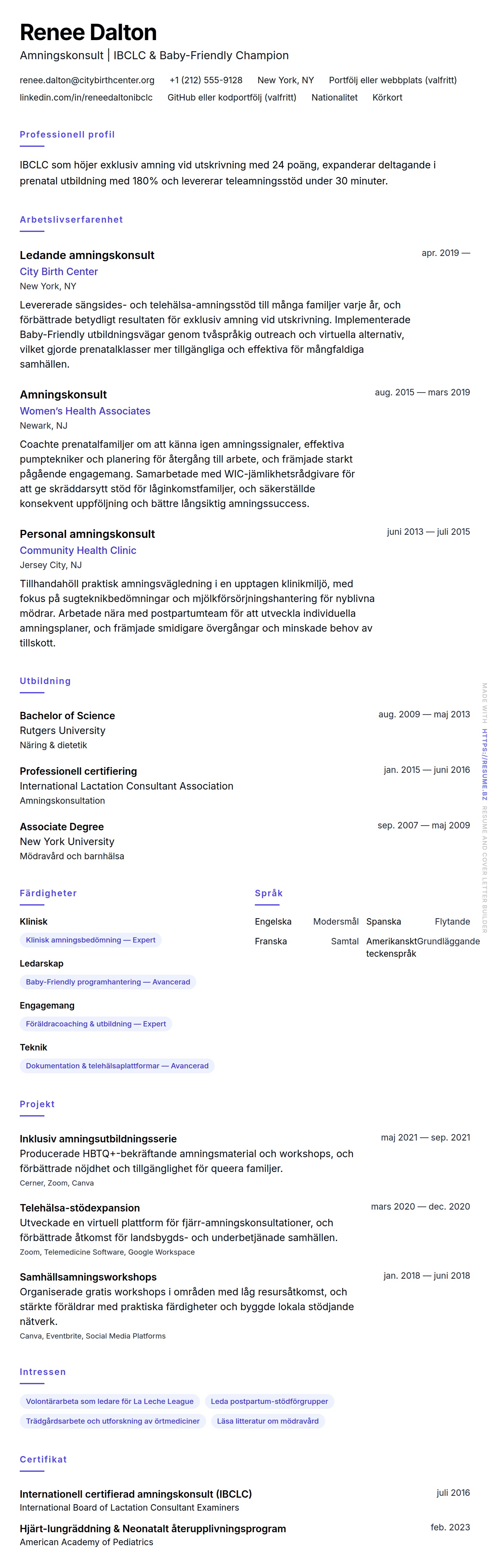 CV-förhandsgranskning för Exempel på CV för amningskonsult