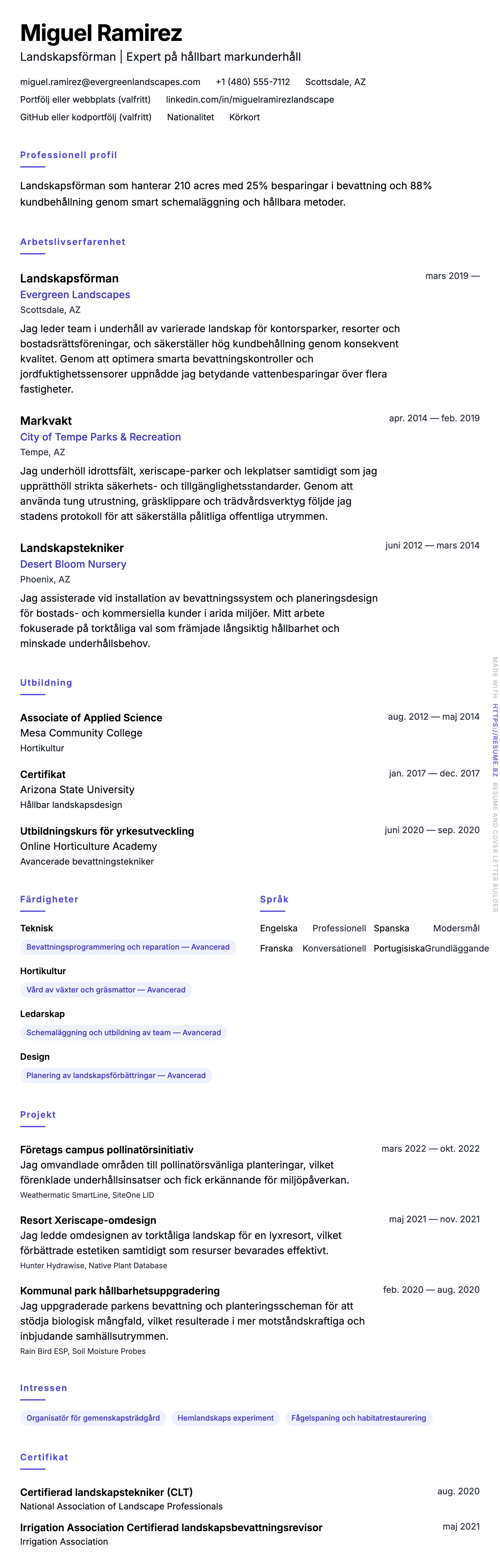 CV-förhandsgranskning för Landscaping CV-exempel