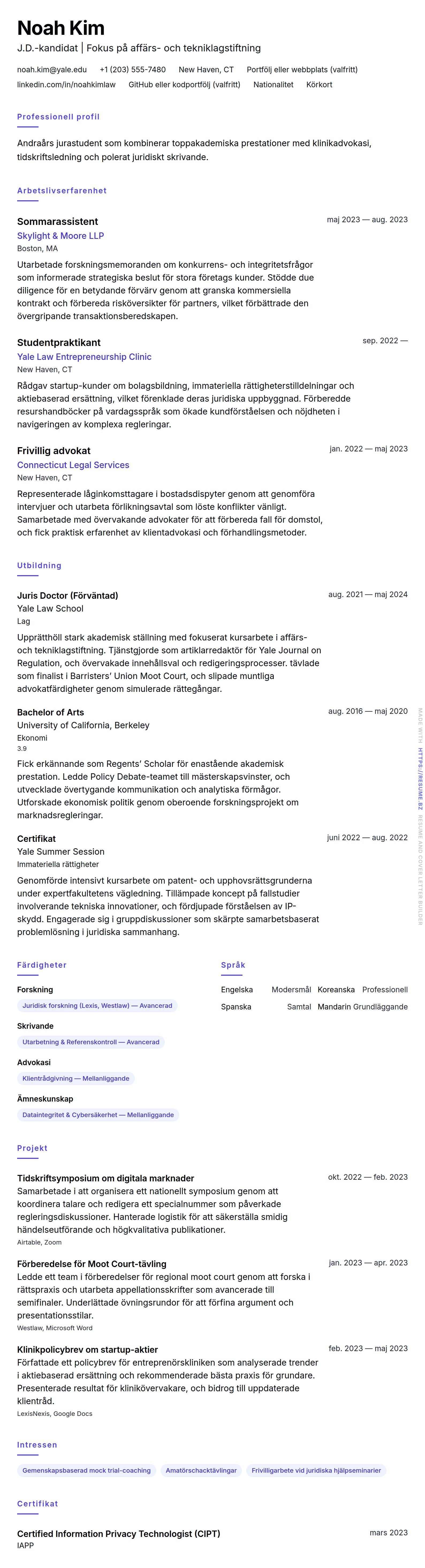 CV-förhandsgranskning för Exempel på CV för jurastudent
