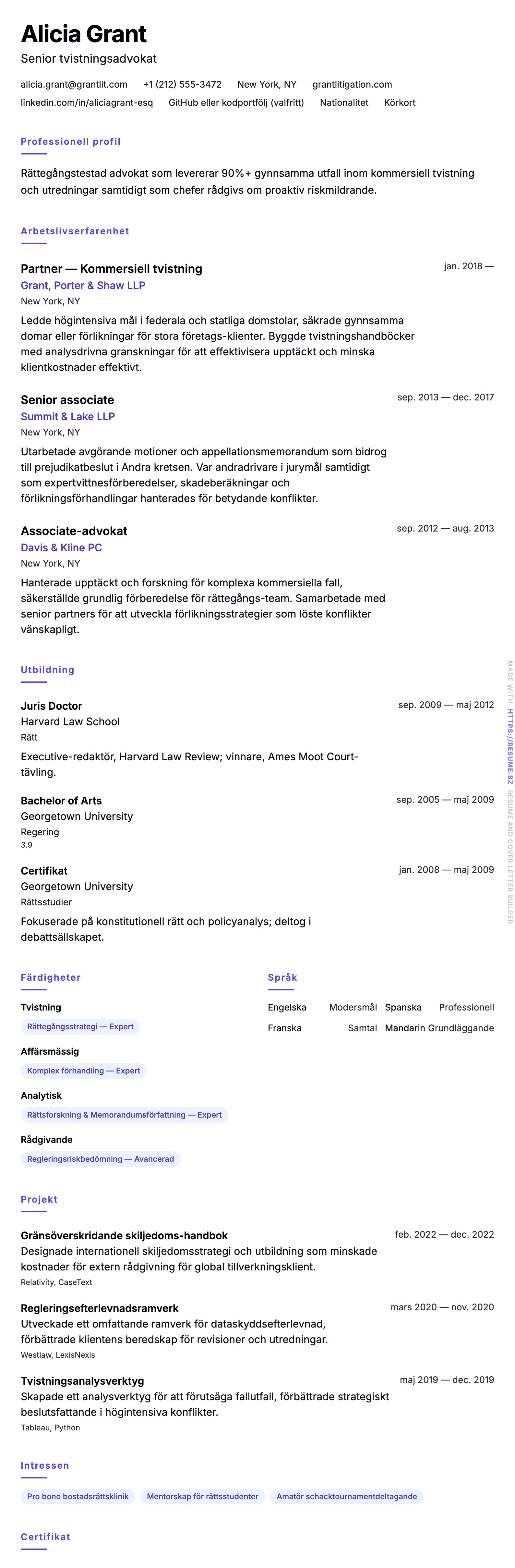 CV-förhandsgranskning för Advokat CV-exempel