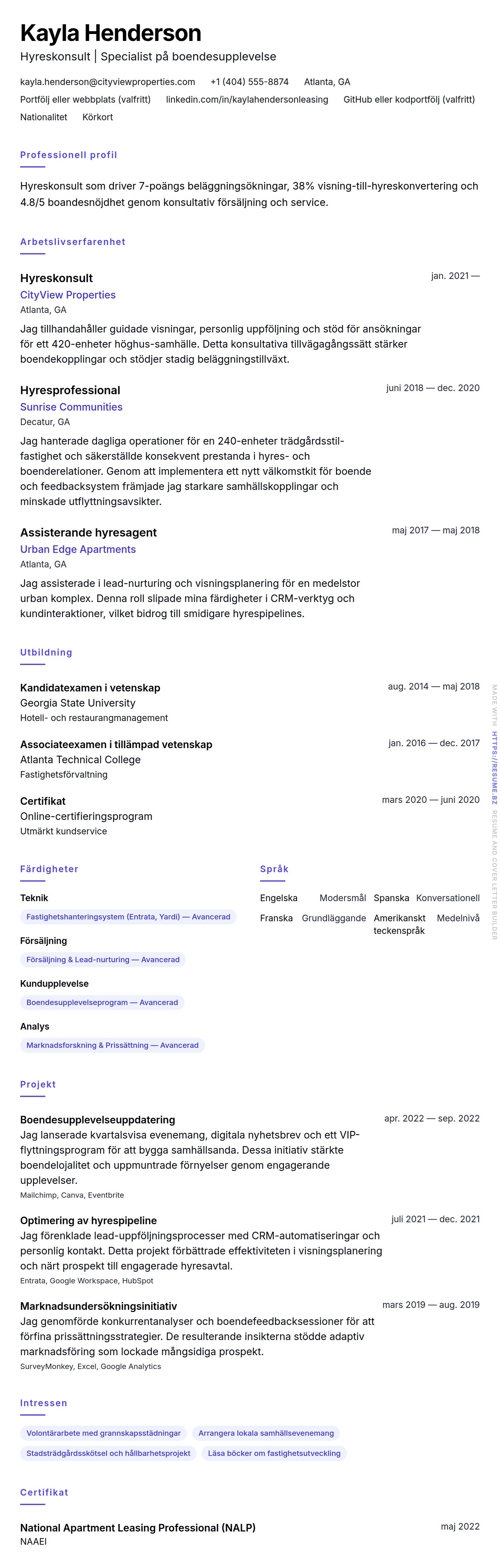CV-förhandsgranskning för Hyreskonsult CV-exempel