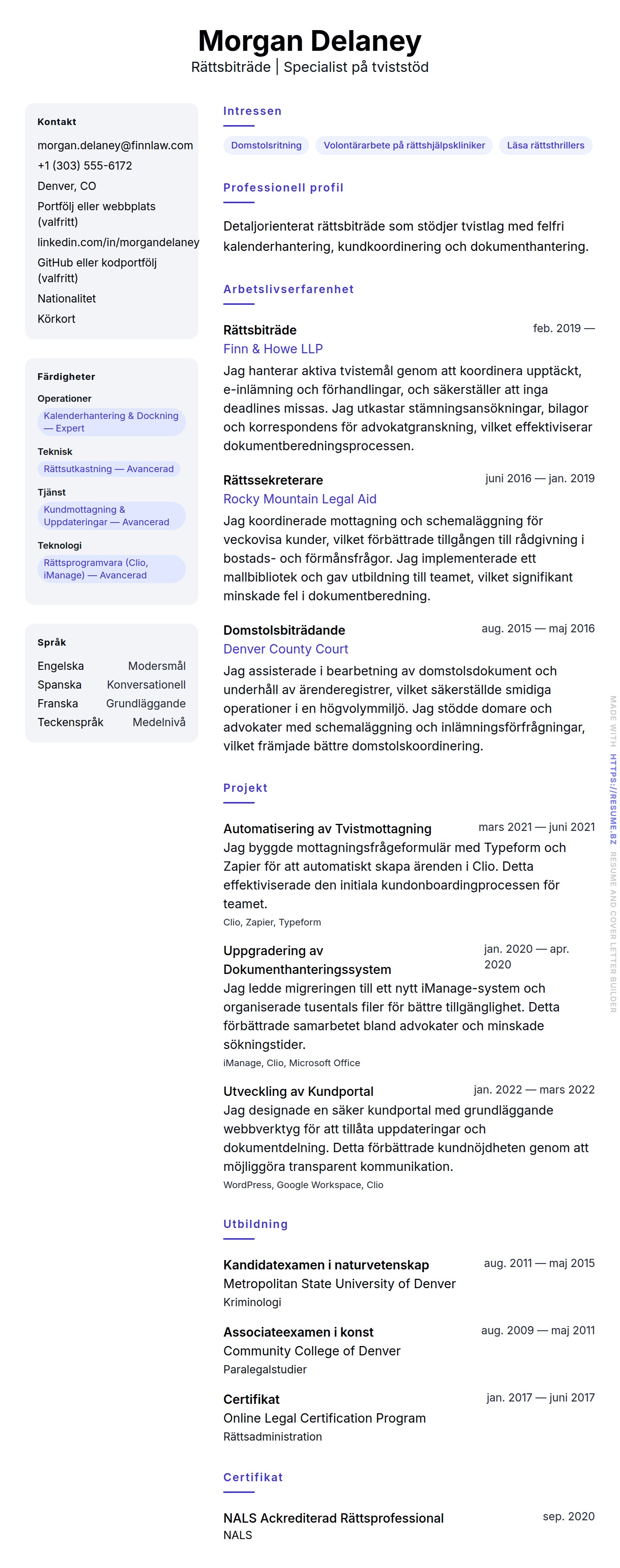 CV-förhandsgranskning för Exempel på CV för rättsbiträde