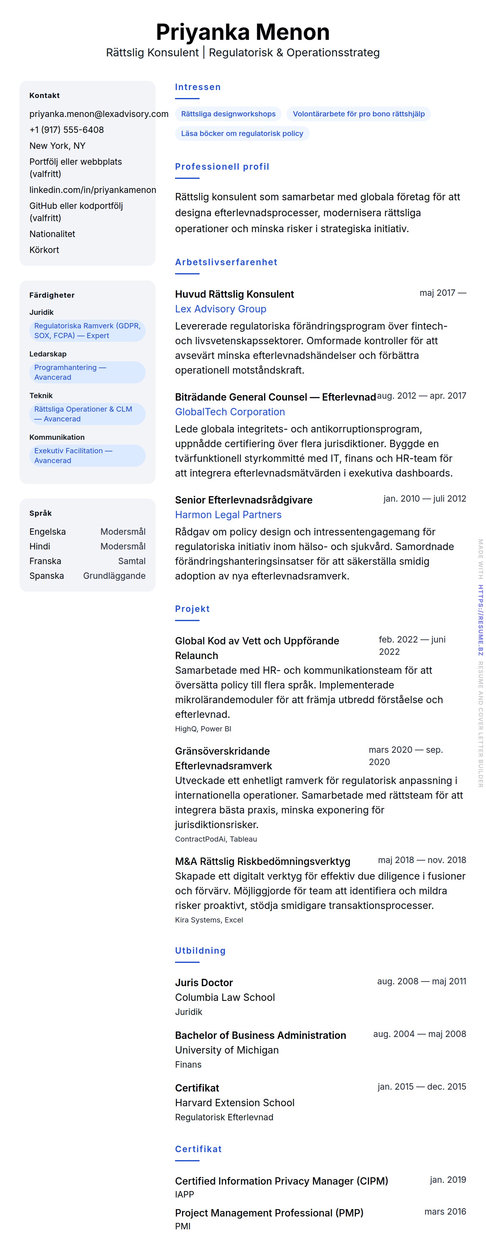 CV-förhandsgranskning för Exempel på CV för Rättslig Konsulent