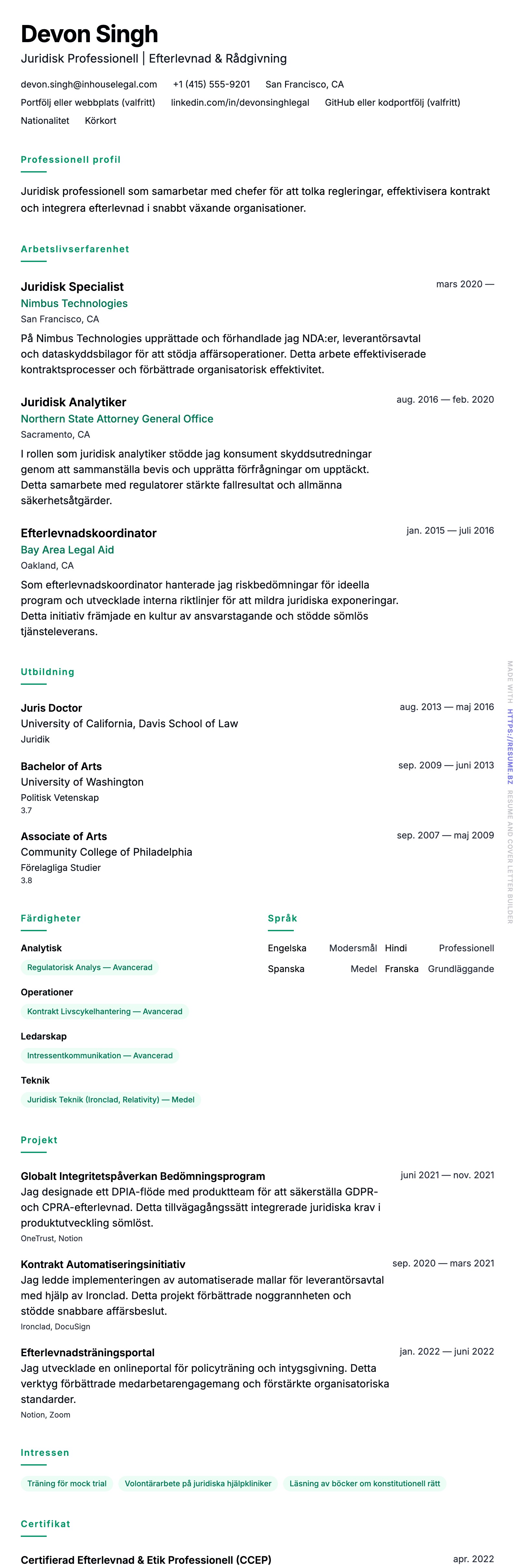 CV-förhandsgranskning för Exempel på CV för Juridisk Professionell