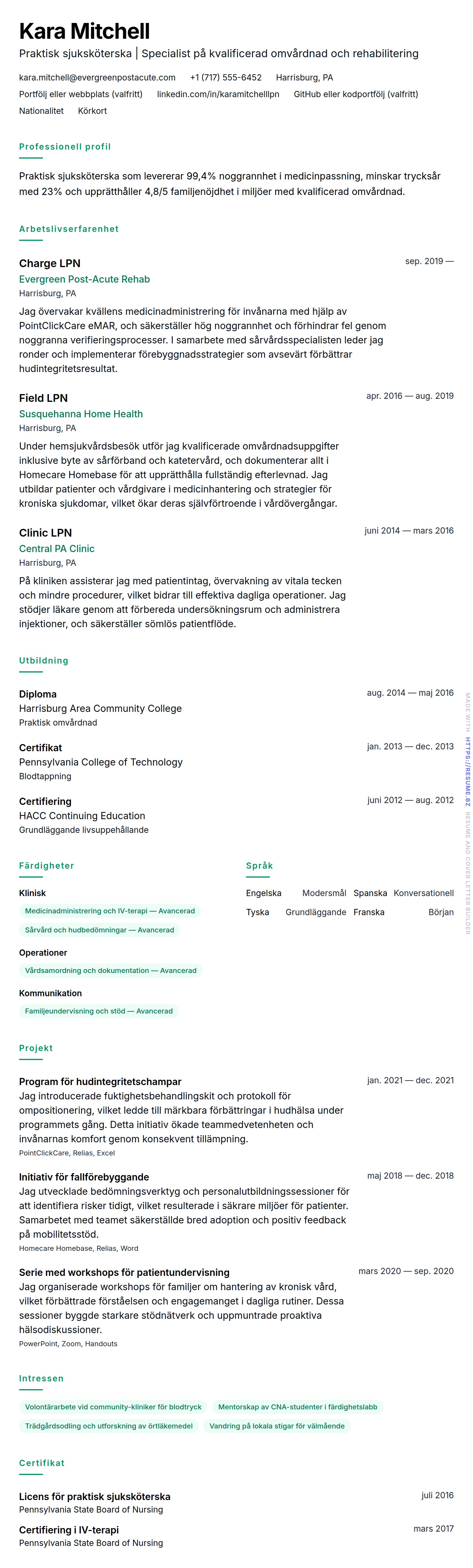 CV-förhandsgranskning för Exempel på CV för praktisk sjuksköterska (LPN)