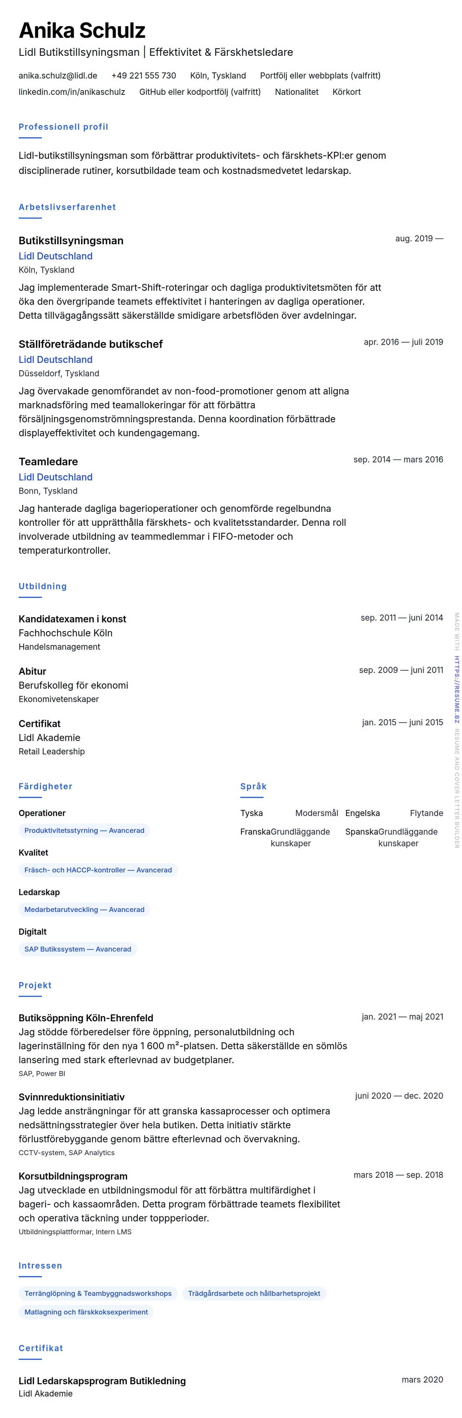CV-förhandsgranskning för Exempel på CV för Lidl Butikstillsyningsman