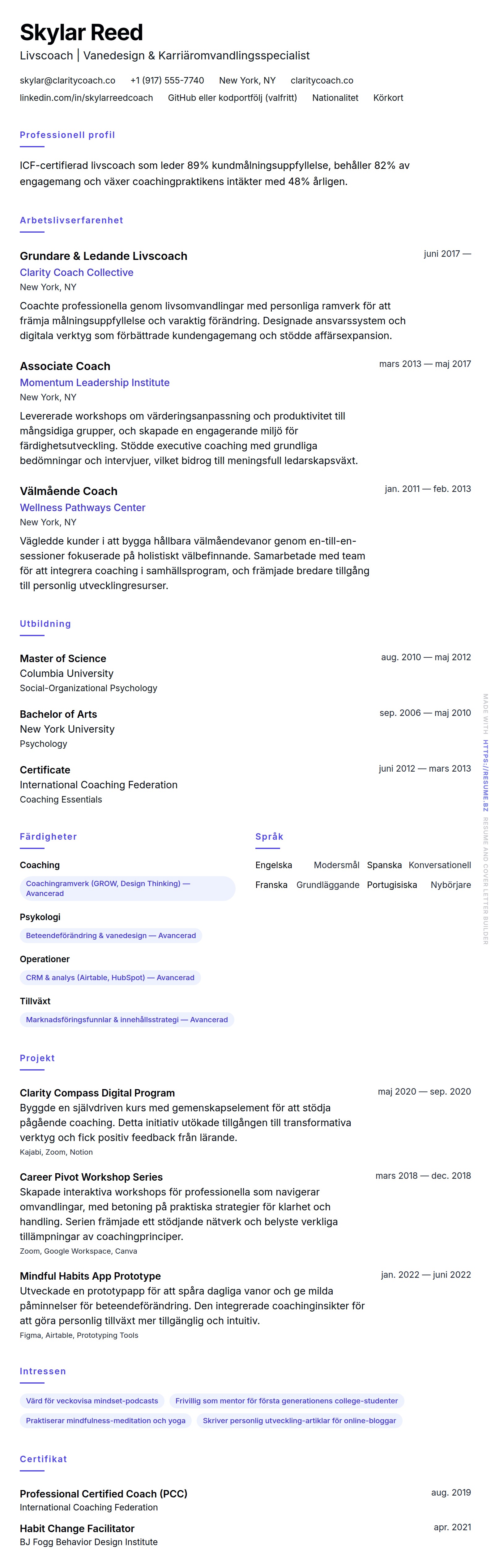CV-förhandsgranskning för Livscoach CV-exempel