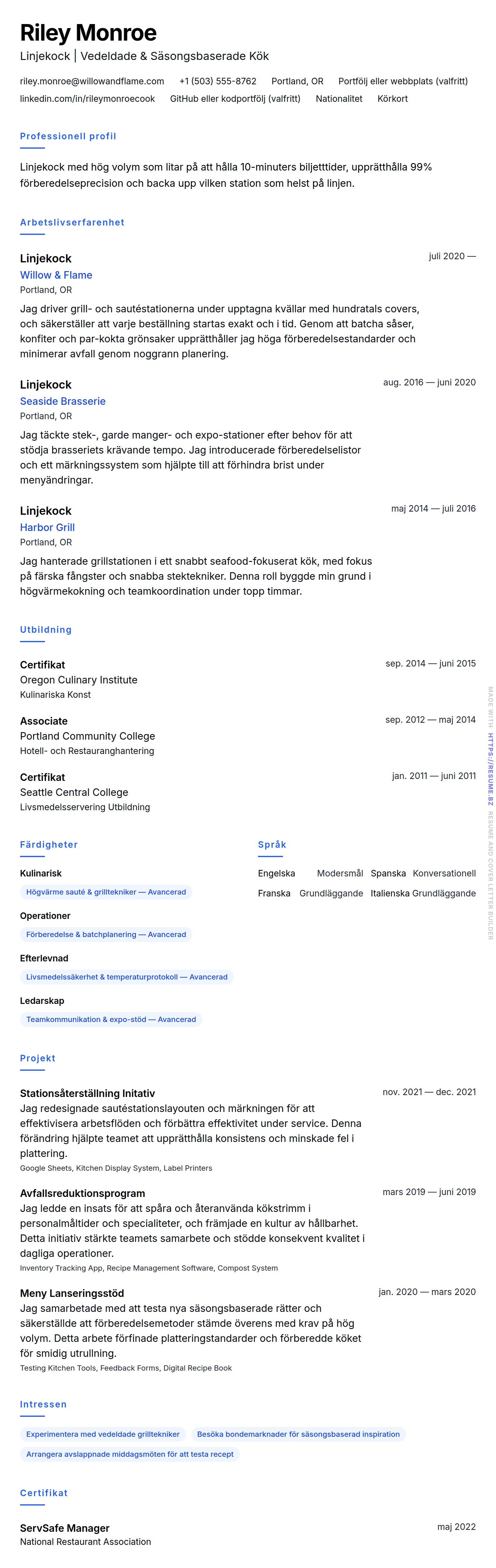 CV-förhandsgranskning för Linjekock CV-exempel