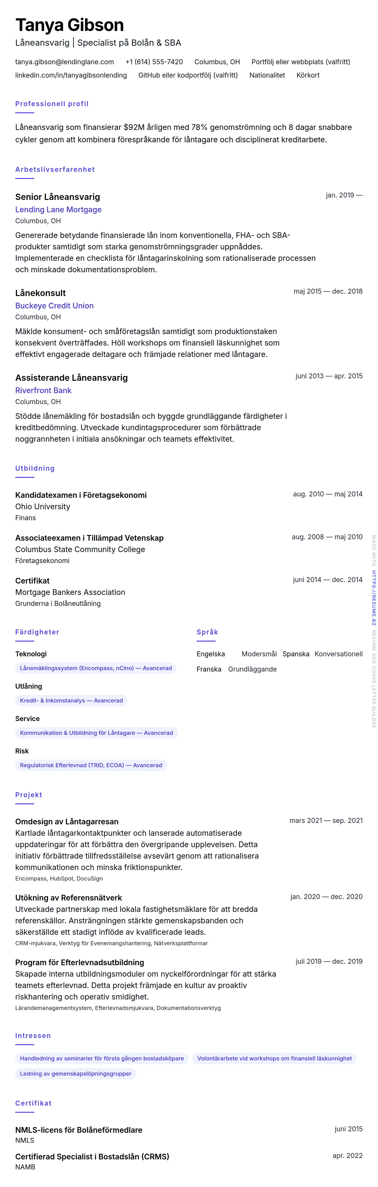 CV-förhandsgranskning för Exempel på CV för Låneansvarig