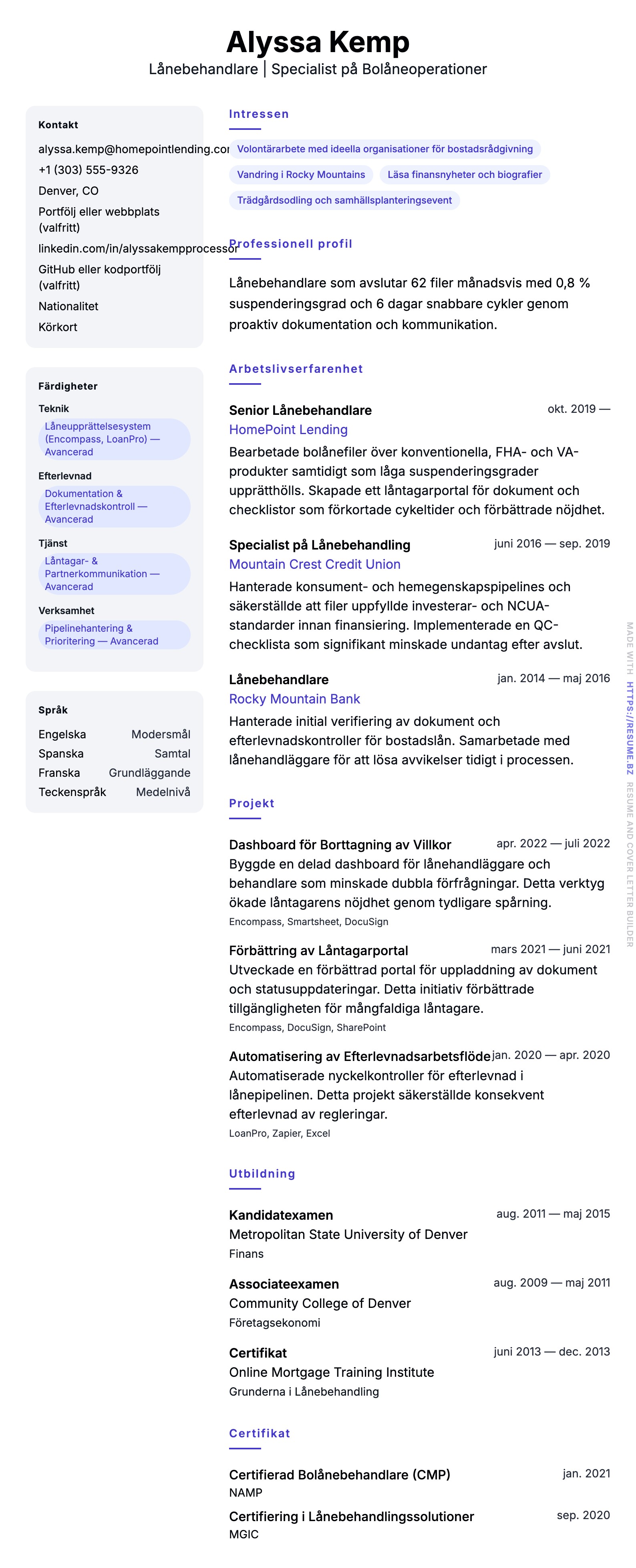 CV-förhandsgranskning för Exempel på CV för Lånebehandlare