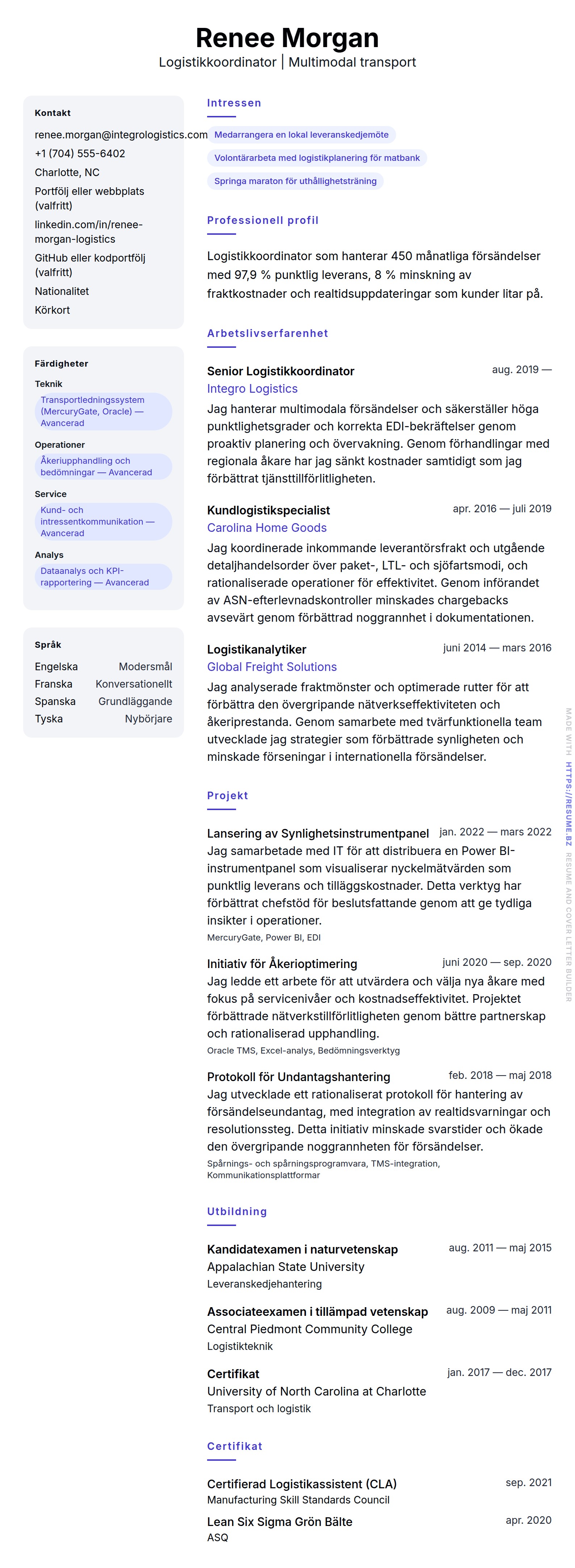 CV-förhandsgranskning för Exempel på CV för Logistikkoordinator