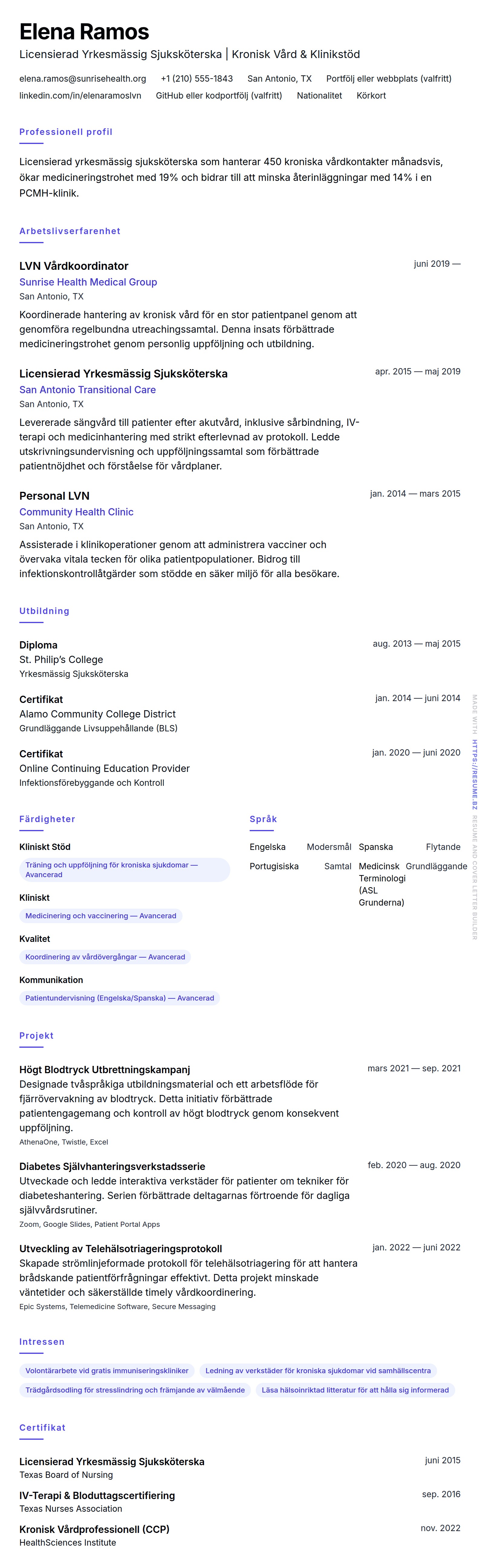CV-förhandsgranskning för Exempel på CV för Licensierad Yrkesmässig Sjuksköterska (LVN)