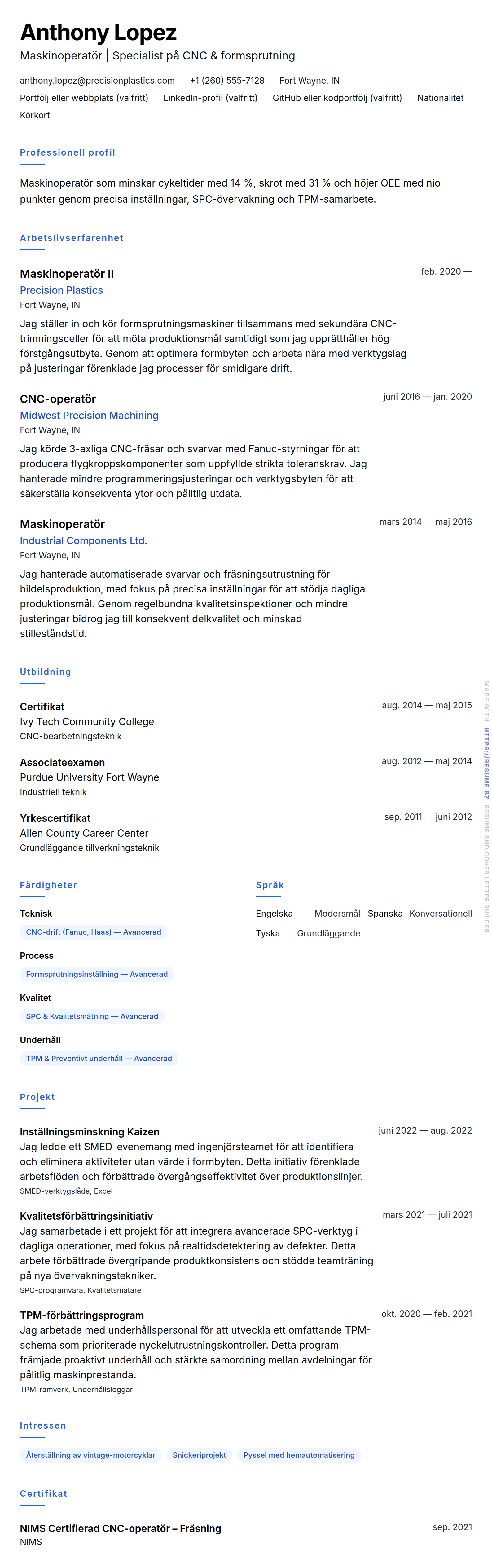 Exempel på CV för maskinoperatör