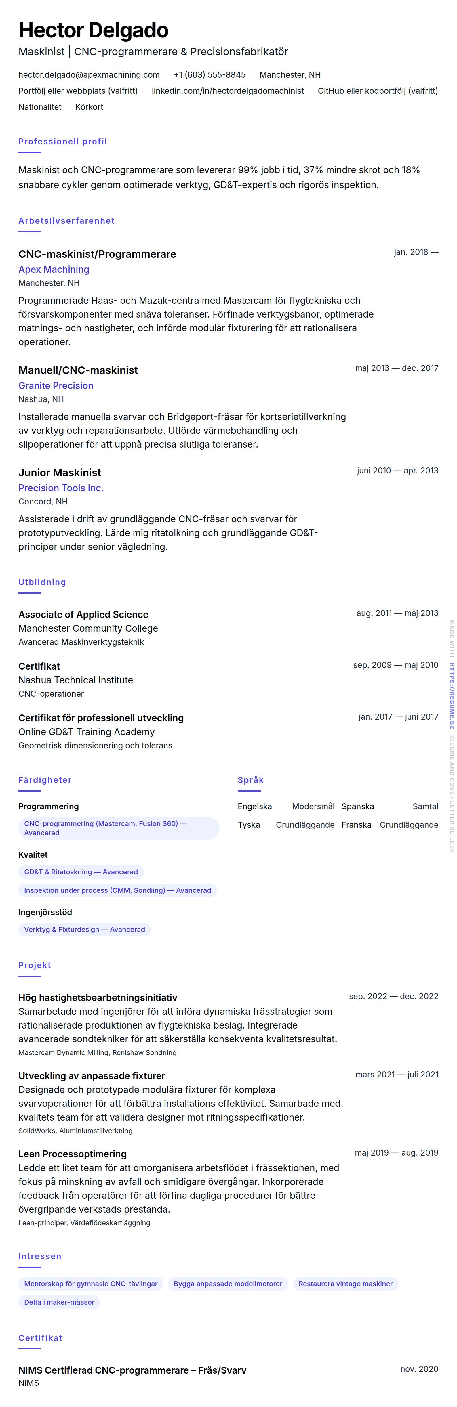 CV-förhandsgranskning för Maskinist CV-exempel