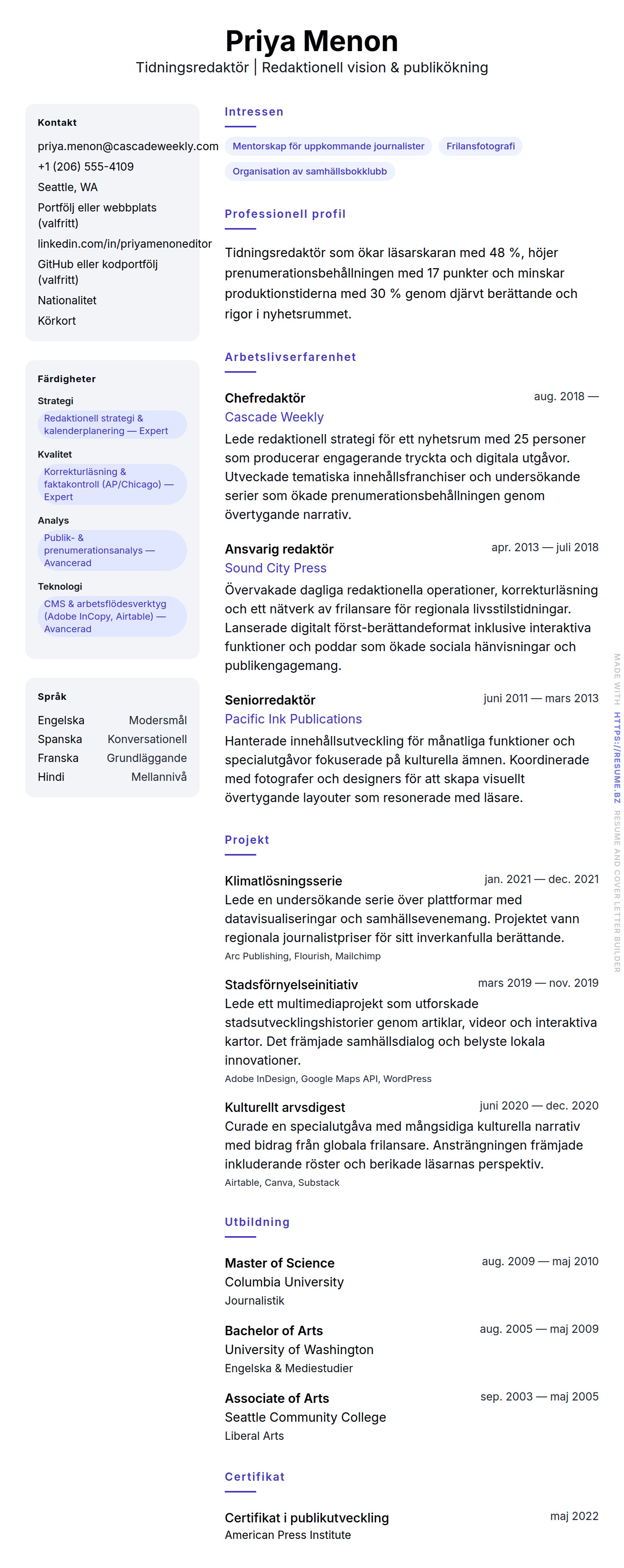 CV-förhandsgranskning för Exempel på CV för tidningsredaktör