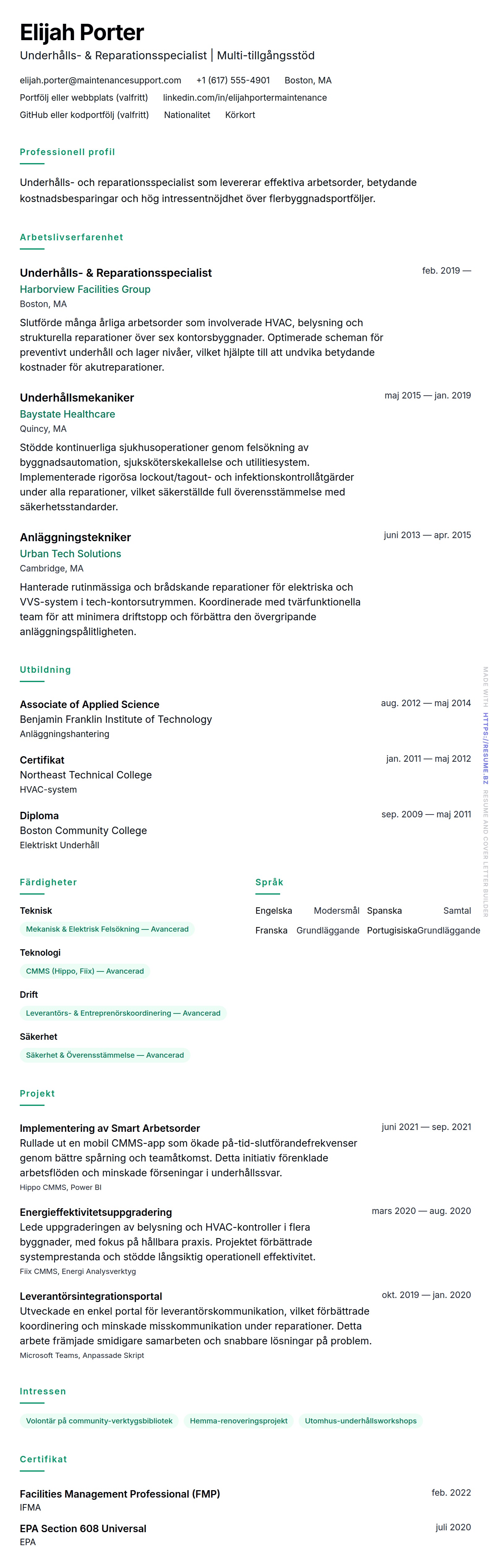 CV-förhandsgranskning för Underhåll & Reparation CV-Exempel