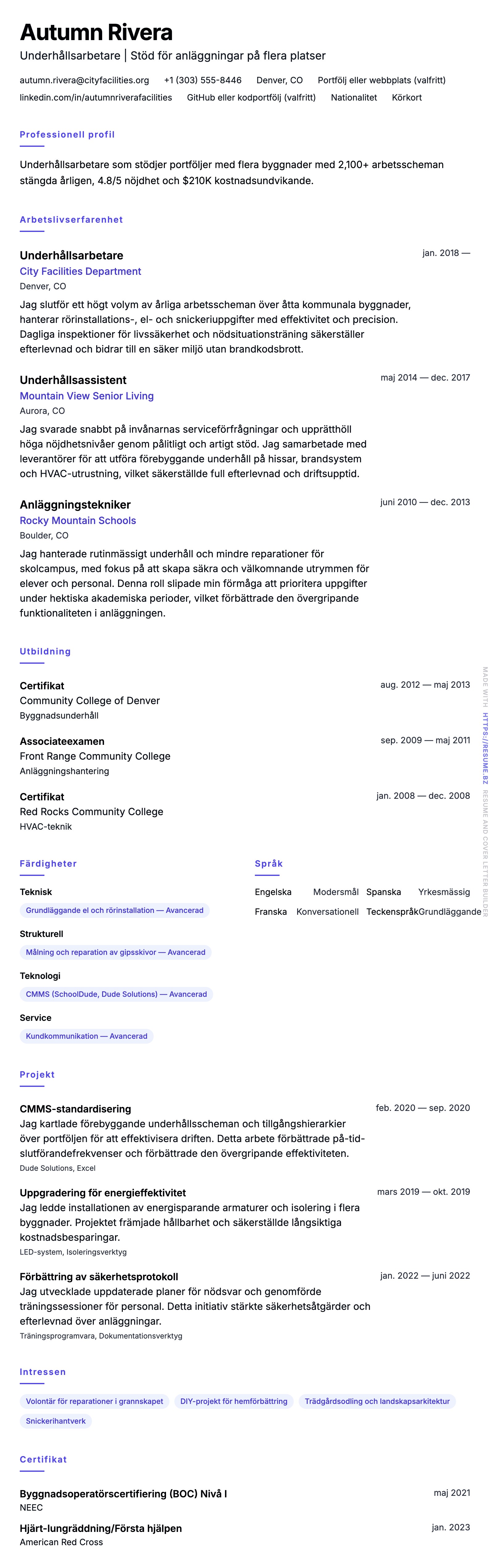 CV-förhandsgranskning för Exempel på CV för underhållsarbetare