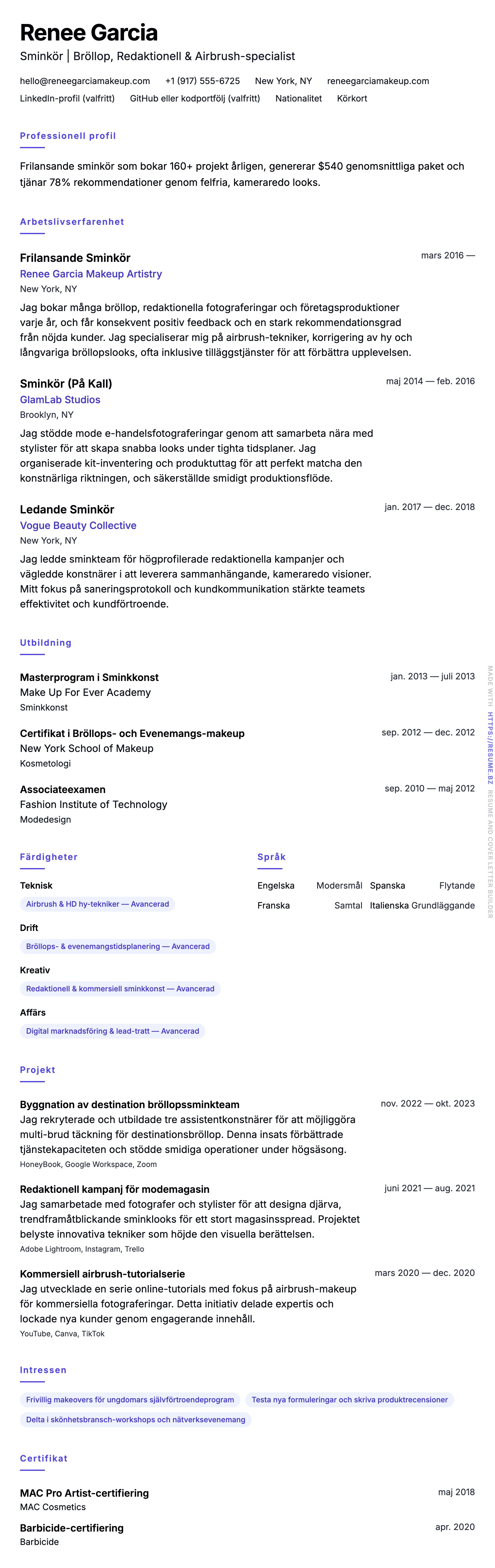 CV-förhandsgranskning för Sminkör CV-exempel