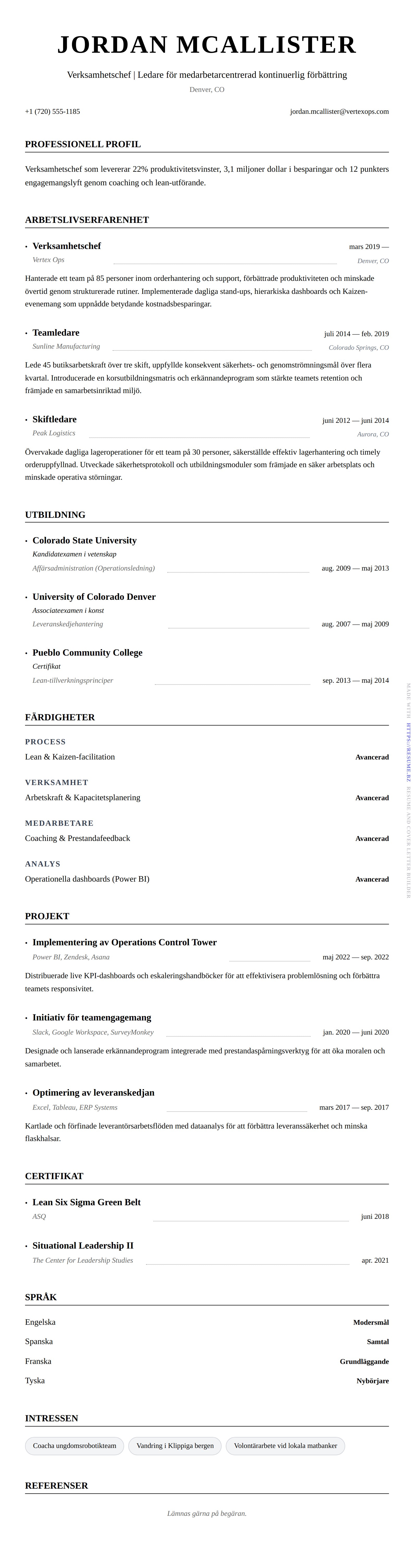CV-förhandsgranskning för Verksamhetschef CV-exempel