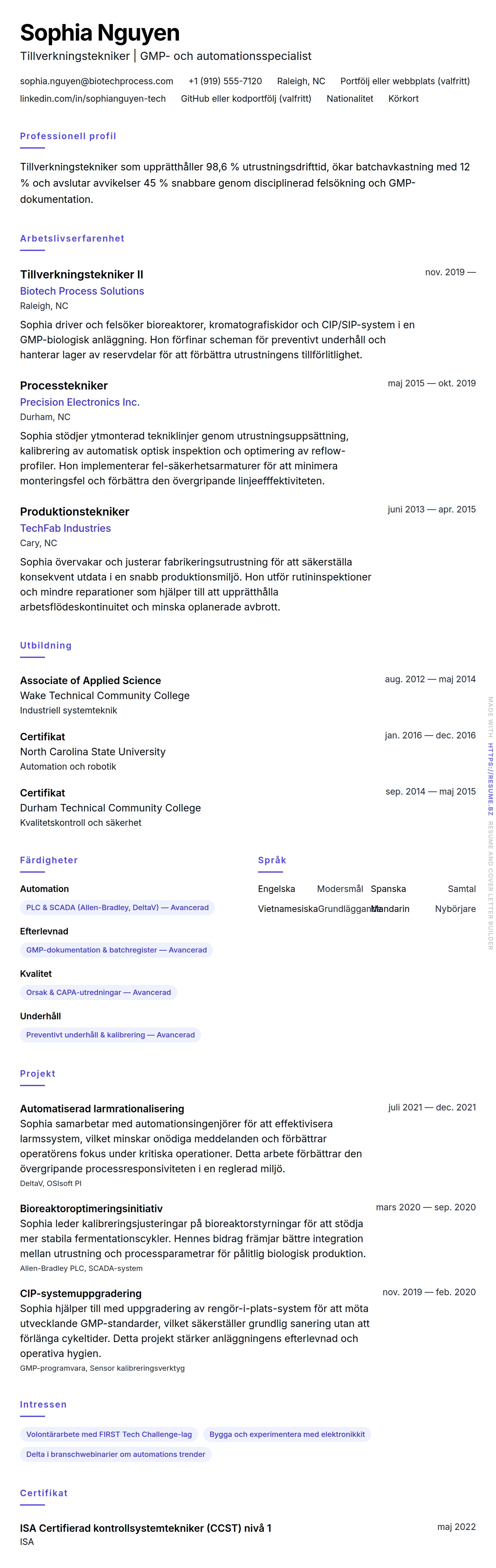 CV-förhandsgranskning för Exempel på CV för tillverkningstekniker