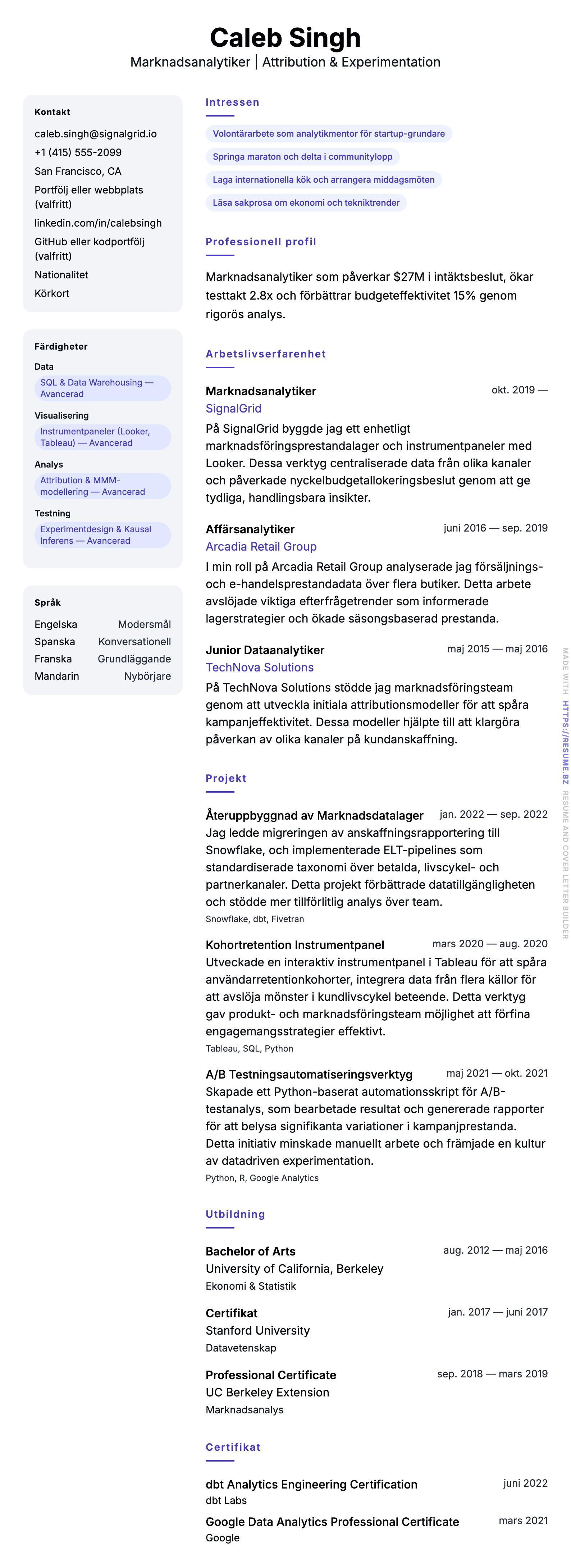 CV-förhandsgranskning för Marknadsanalytiker CV-exempel