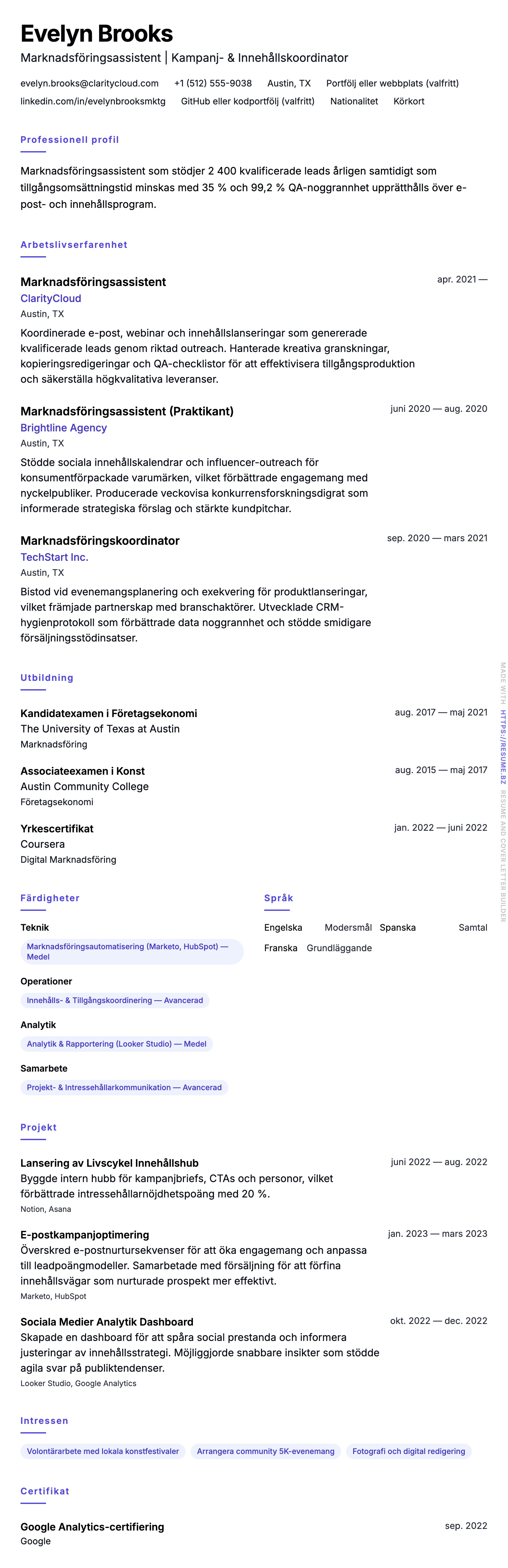 CV-förhandsgranskning för Exempel på CV för Marknadsföringsassistent