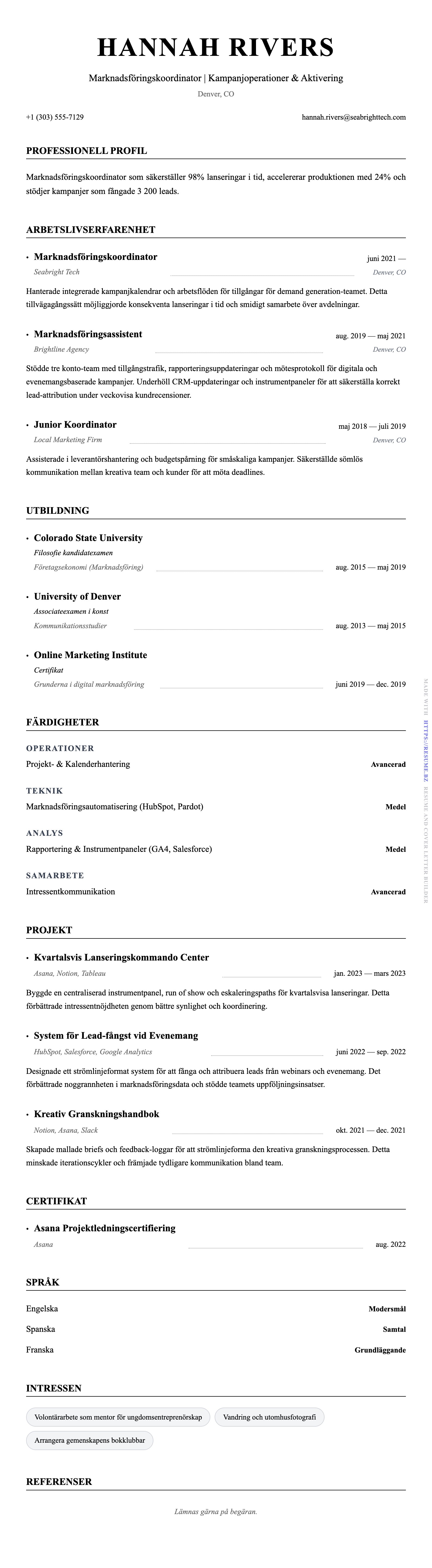CV-förhandsgranskning för Exempel på CV för Marknadsföringskoordinator