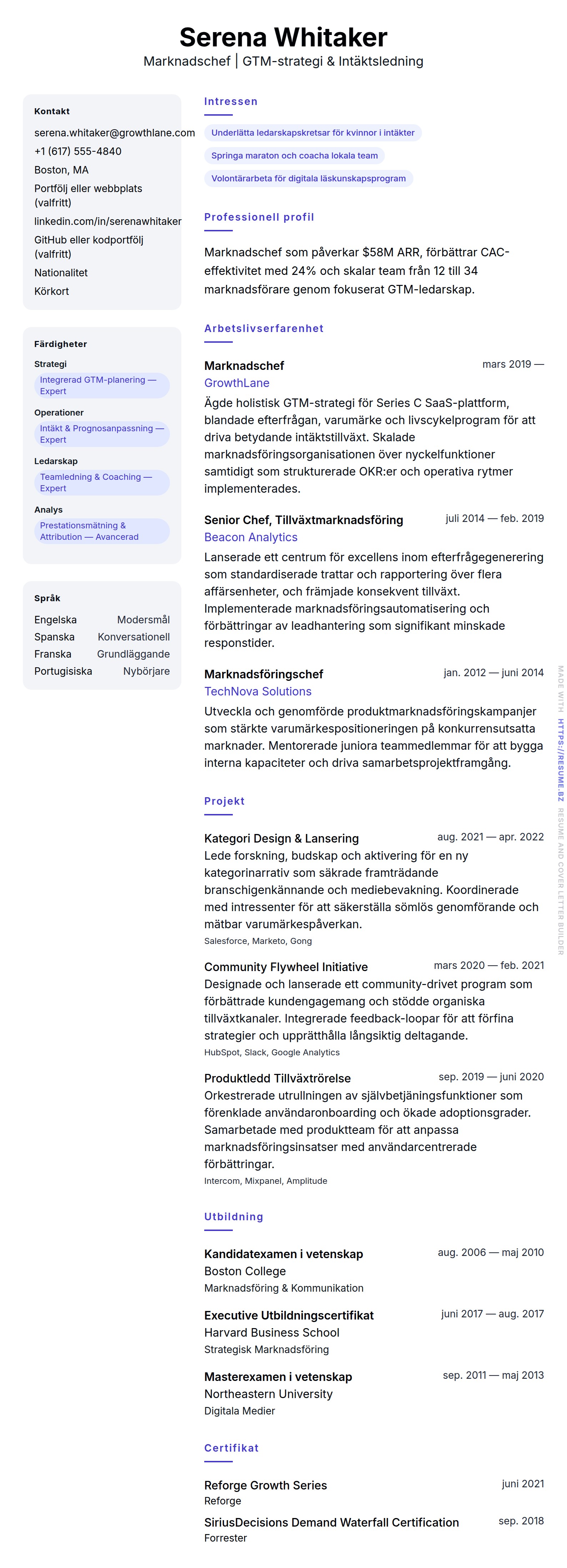 CV-förhandsgranskning för Marknadschef CV-exempel