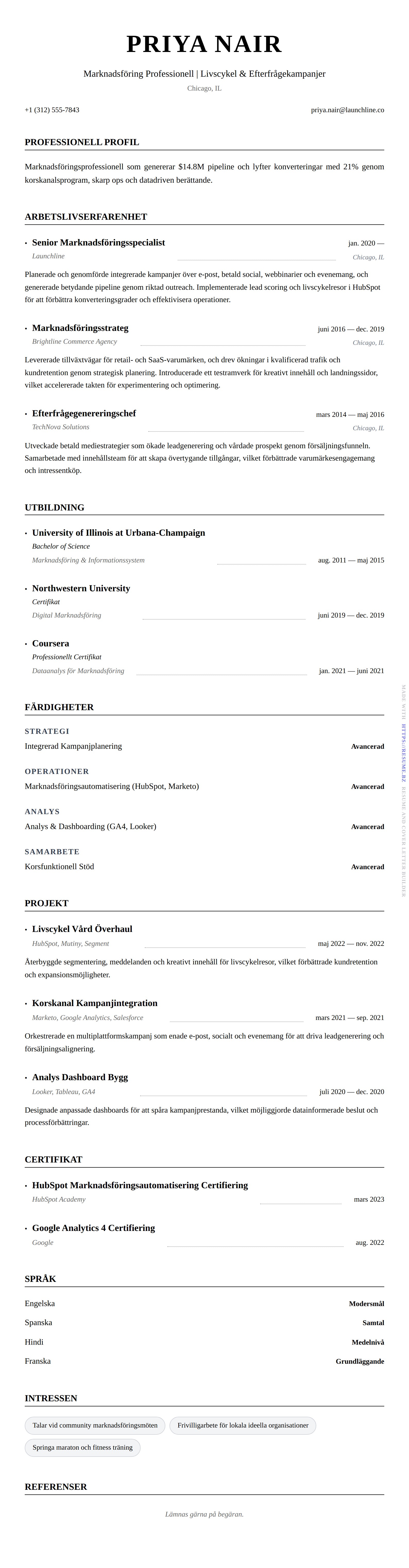CV-förhandsgranskning för Marknadsföring Professionell CV-Exempel