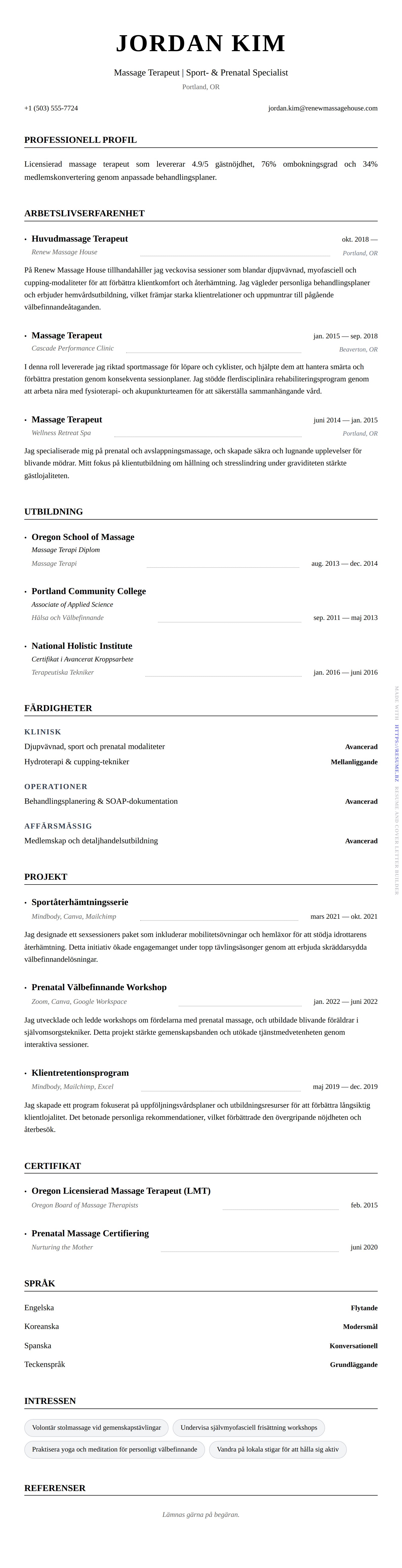 CV-förhandsgranskning för Massage Terapeut CV-Exempel