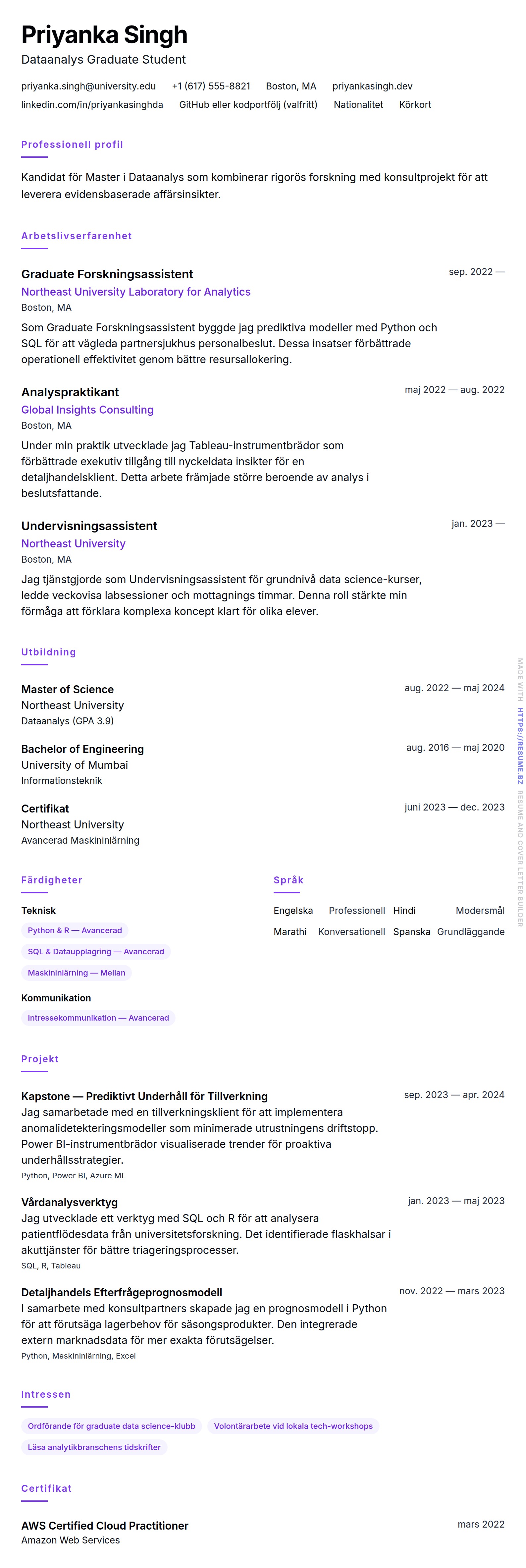 CV-förhandsgranskning för Exempel på CV för Masterexamen Student
